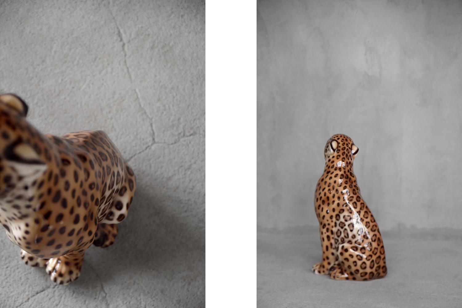 Hollywood Regency Original Large Mid-Century Modern Italian Ceramic Sculpture of a Seating Leopard