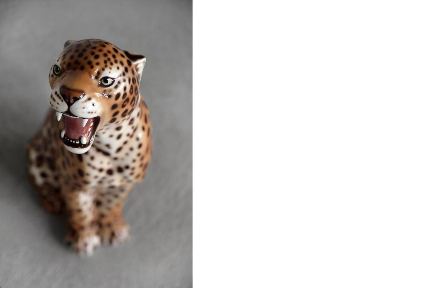 Late 20th Century Original Large Mid-Century Modern Italian Ceramic Sculpture of a Seating Leopard
