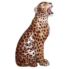 Vintage Original Large Mid-Century Modern Italian Ceramic Sculpture of a Seating Leopard