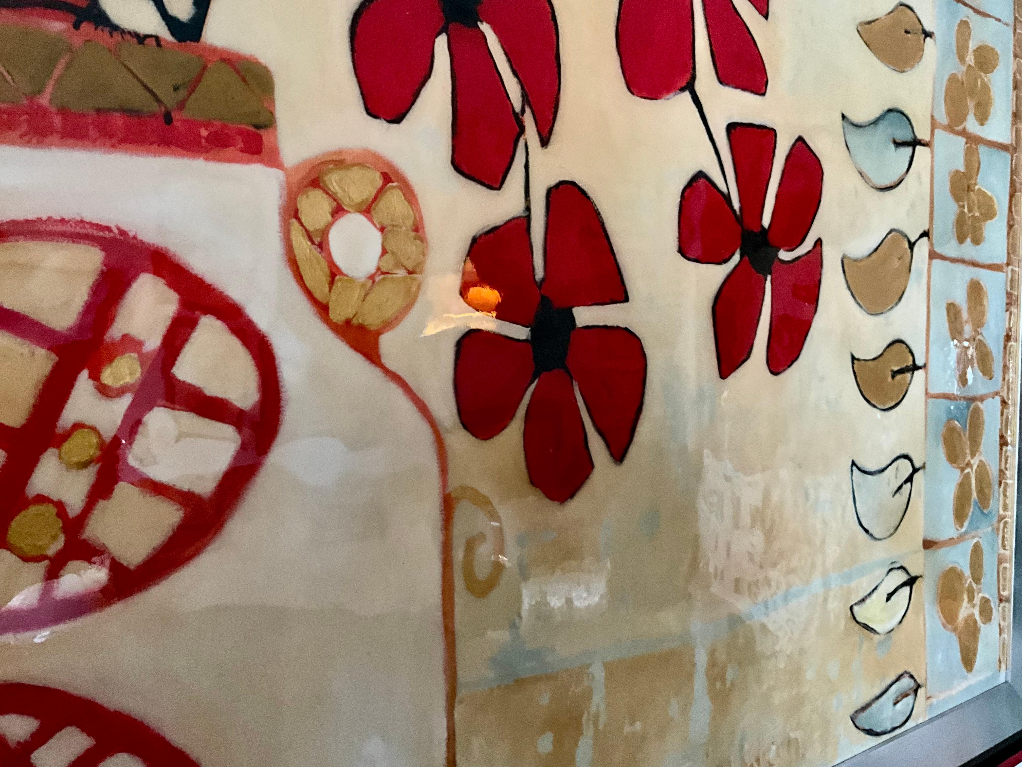 Israeliano Quadro originale di grandi dimensioni con papavero rosso di Avi Ben Simhon - Olio e resina su tela in vendita