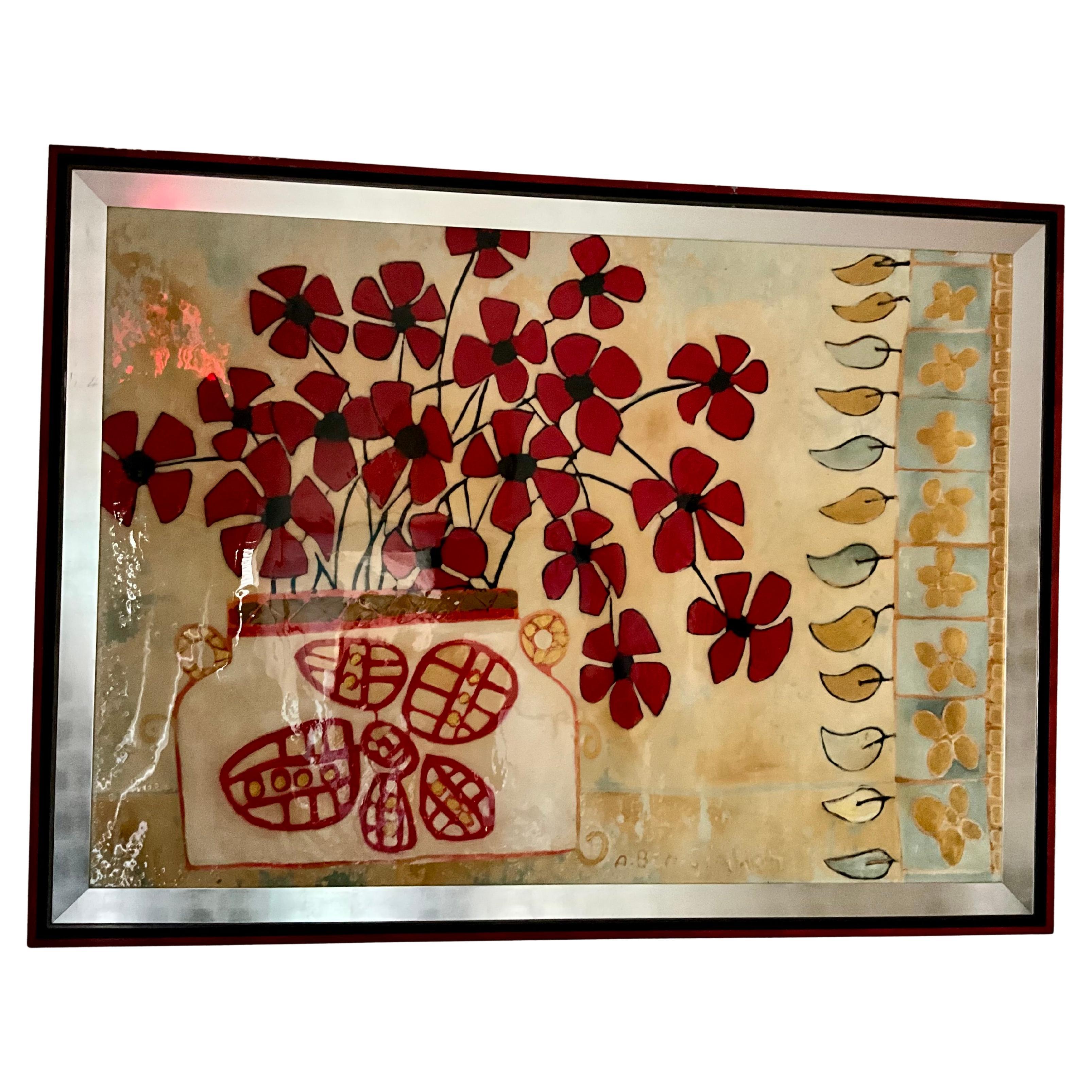 Original Large Red Poppy Painting by Avi Ben Simhon - Oil and Resin on Canvas