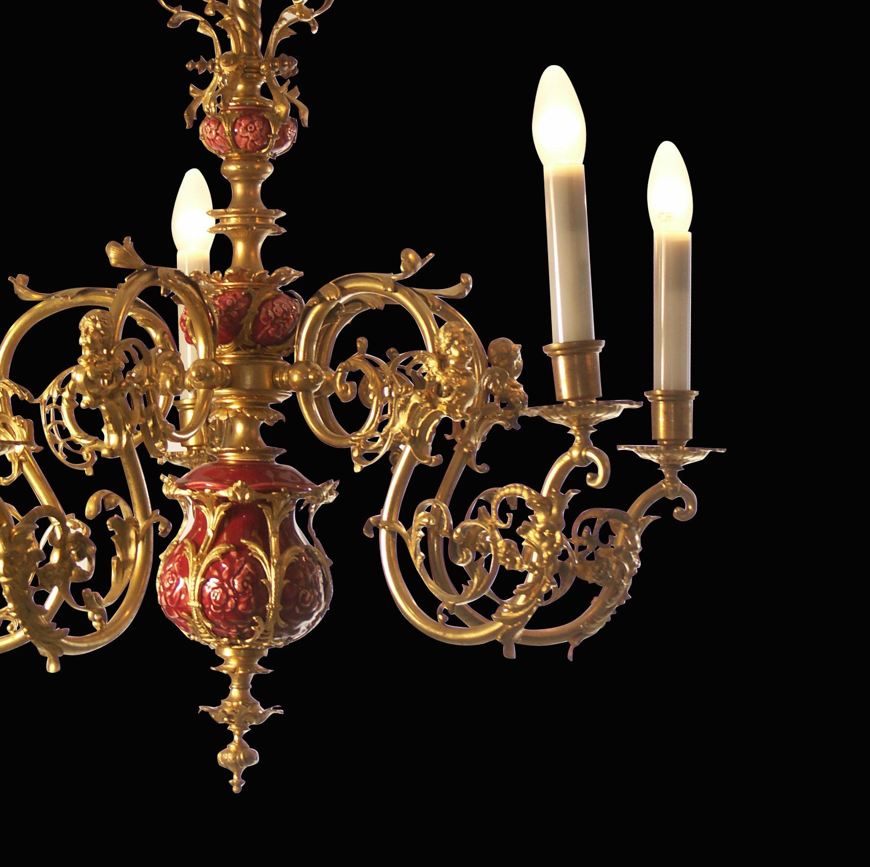 Parlor chandelier, convoluted, richly ornamented shaft with parts of ceramic, six flames
Suitable for US.