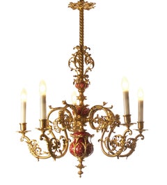 Original Late 19th Century Historistic Parlor Chandelier, Ceramic / Bronze