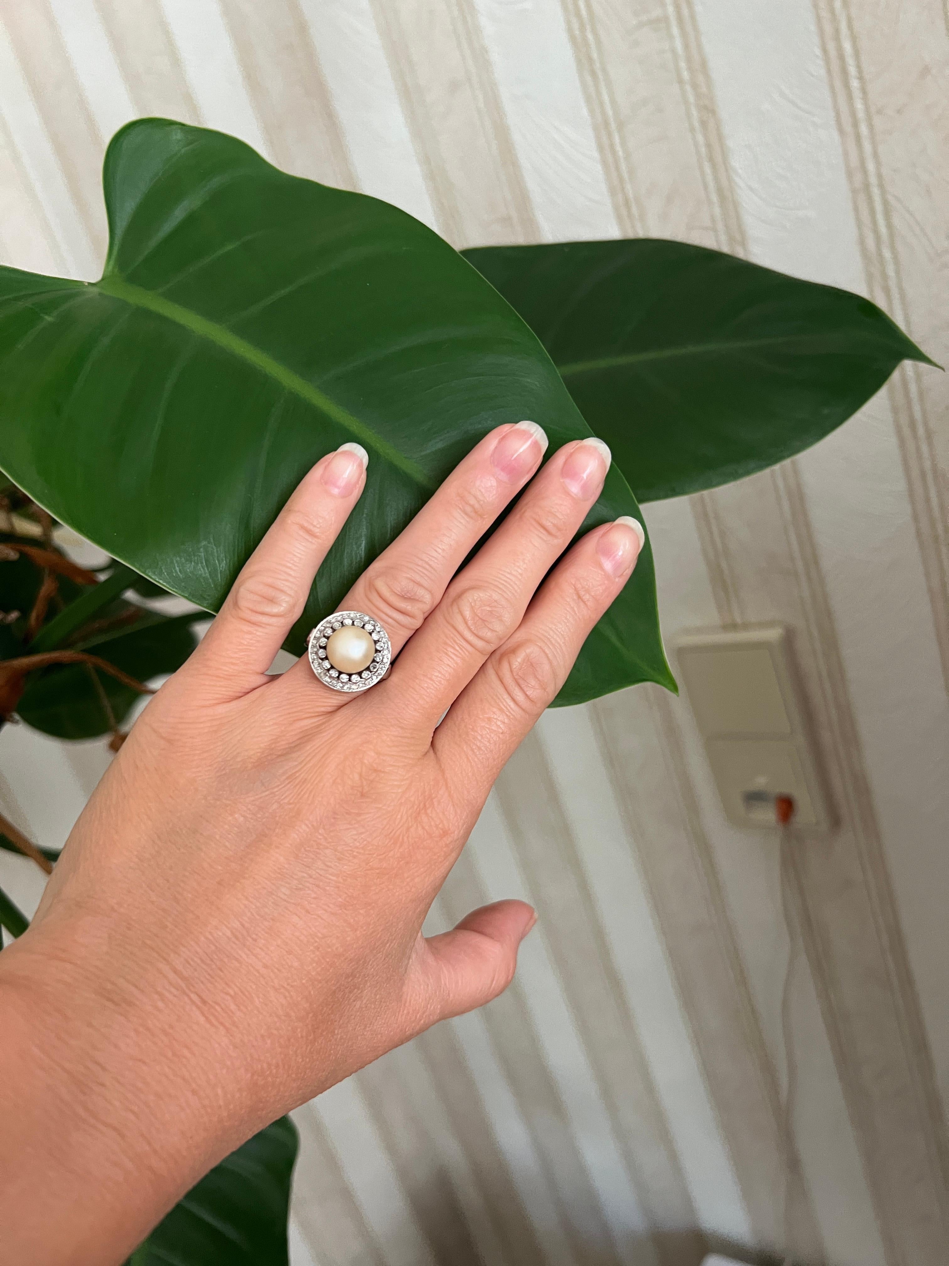 Original Later Art Deco Platinum Cocktail Ring with Diamonds and a pearl For Sale 2