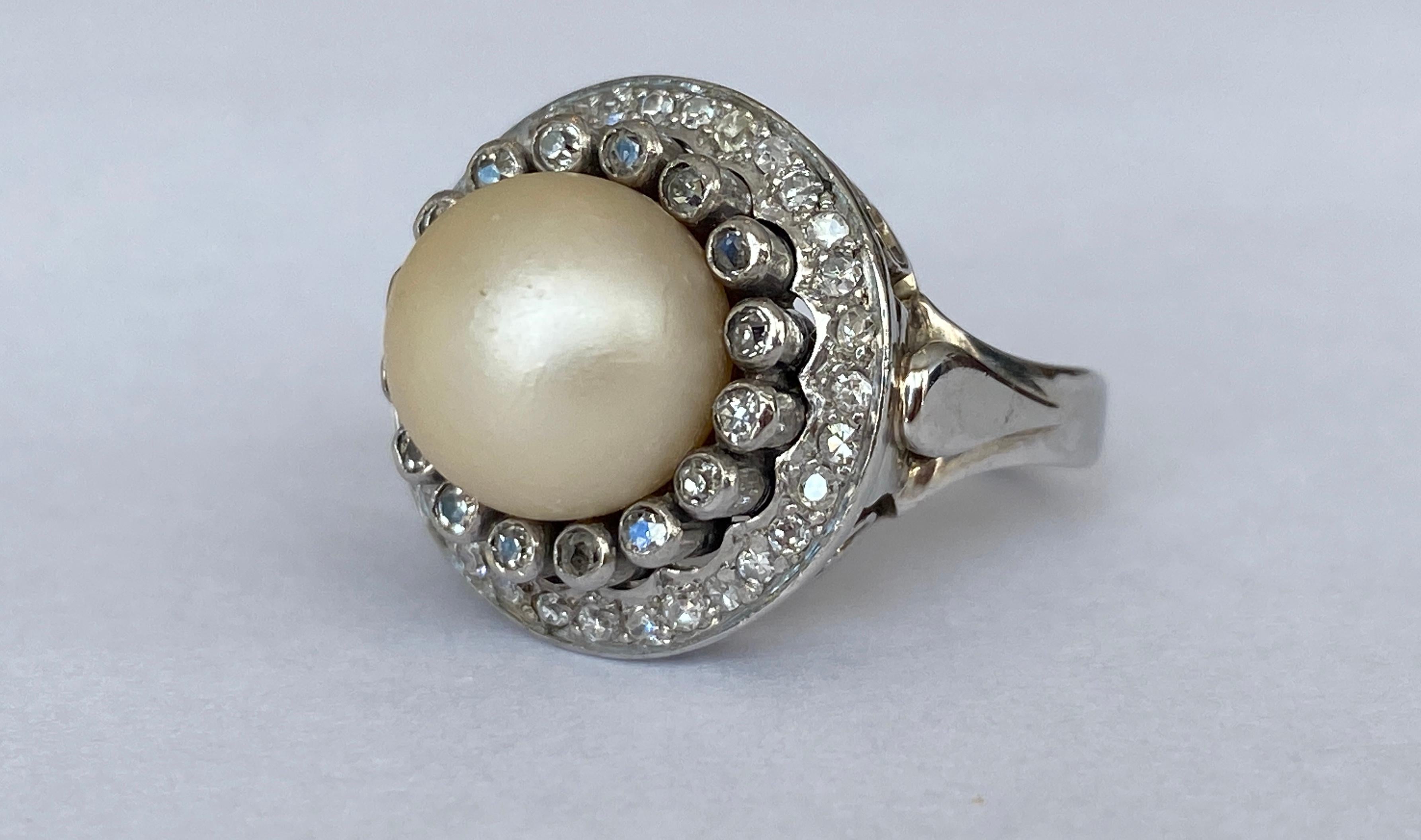 Octagon Cut Original Later Art Deco Platinum Cocktail Ring with Diamonds and a pearl For Sale