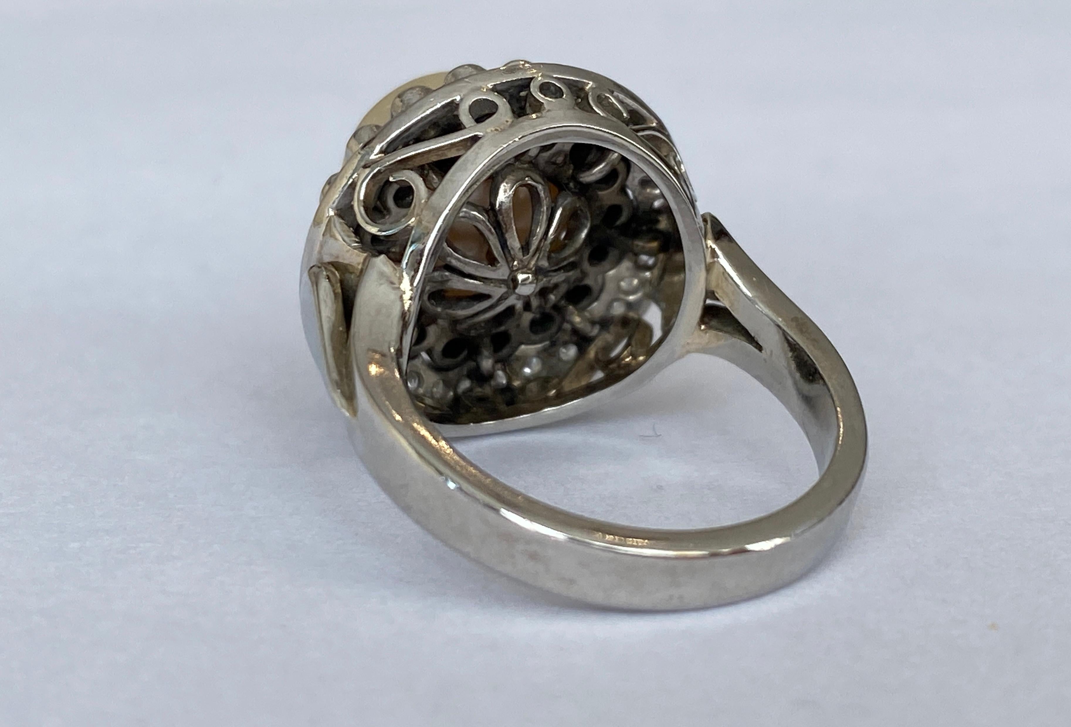 Women's Original Later Art Deco Platinum Cocktail Ring with Diamonds and a pearl For Sale