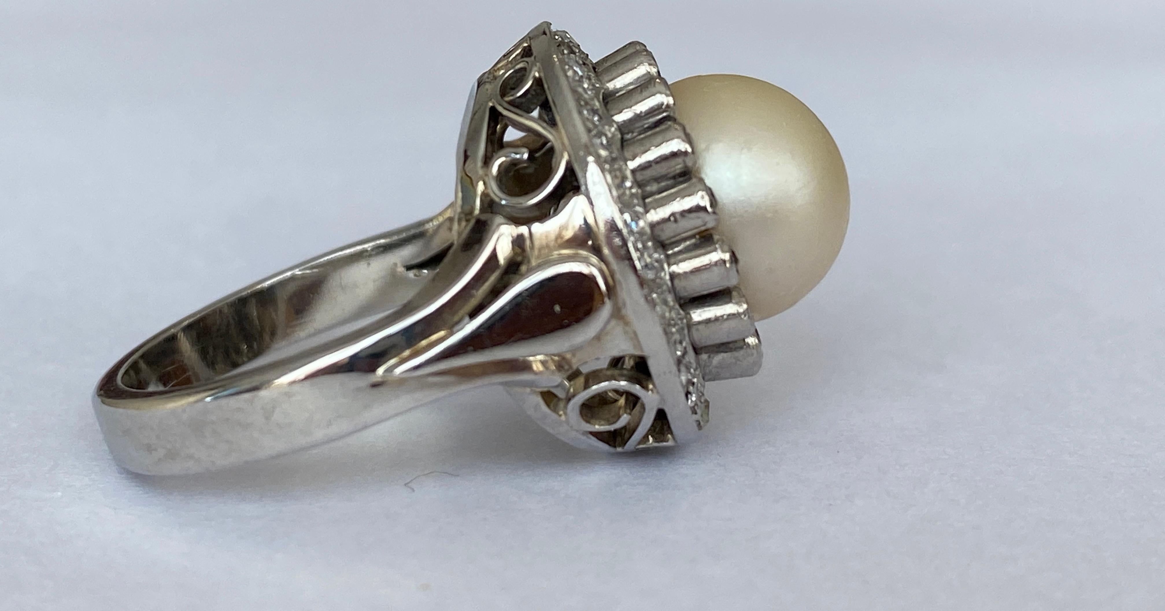 Original Later Art Deco Platinum Cocktail Ring with Diamonds and a pearl For Sale 1