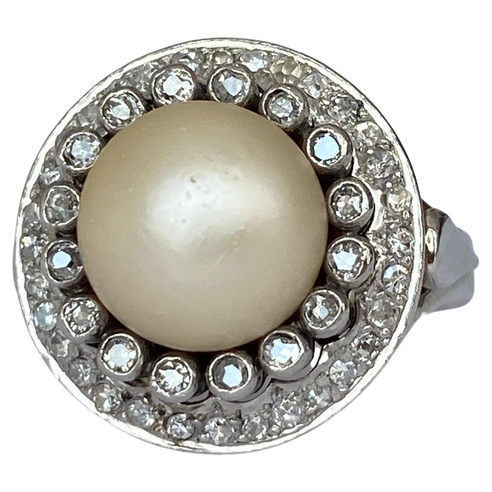 Original Later Art Deco Platinum Cocktail Ring with Diamonds and a pearl For Sale