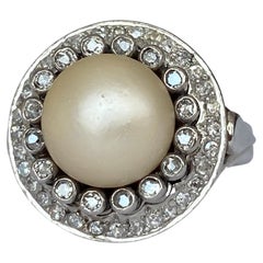 Original Later Art Deco Platinum Cocktail Ring with Diamonds and a pearl