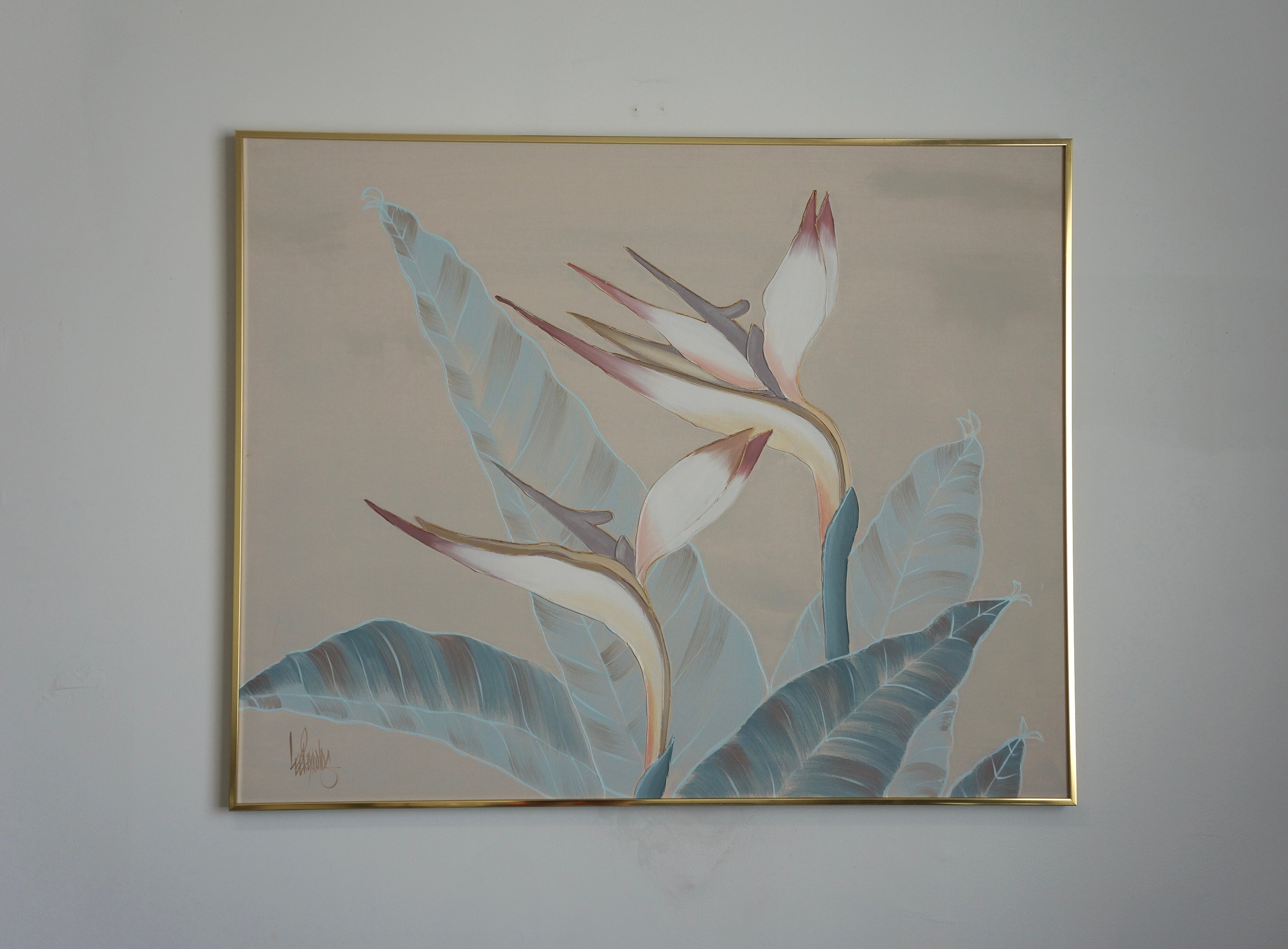 Original oil on canvas painting by Lee Reynolds. This floral oil painting features birds of paradise florals and leaves. The floral pedals are painted in white with pinkish brown ombré tips, the leaves are in a blue tone with brown accents. The oil