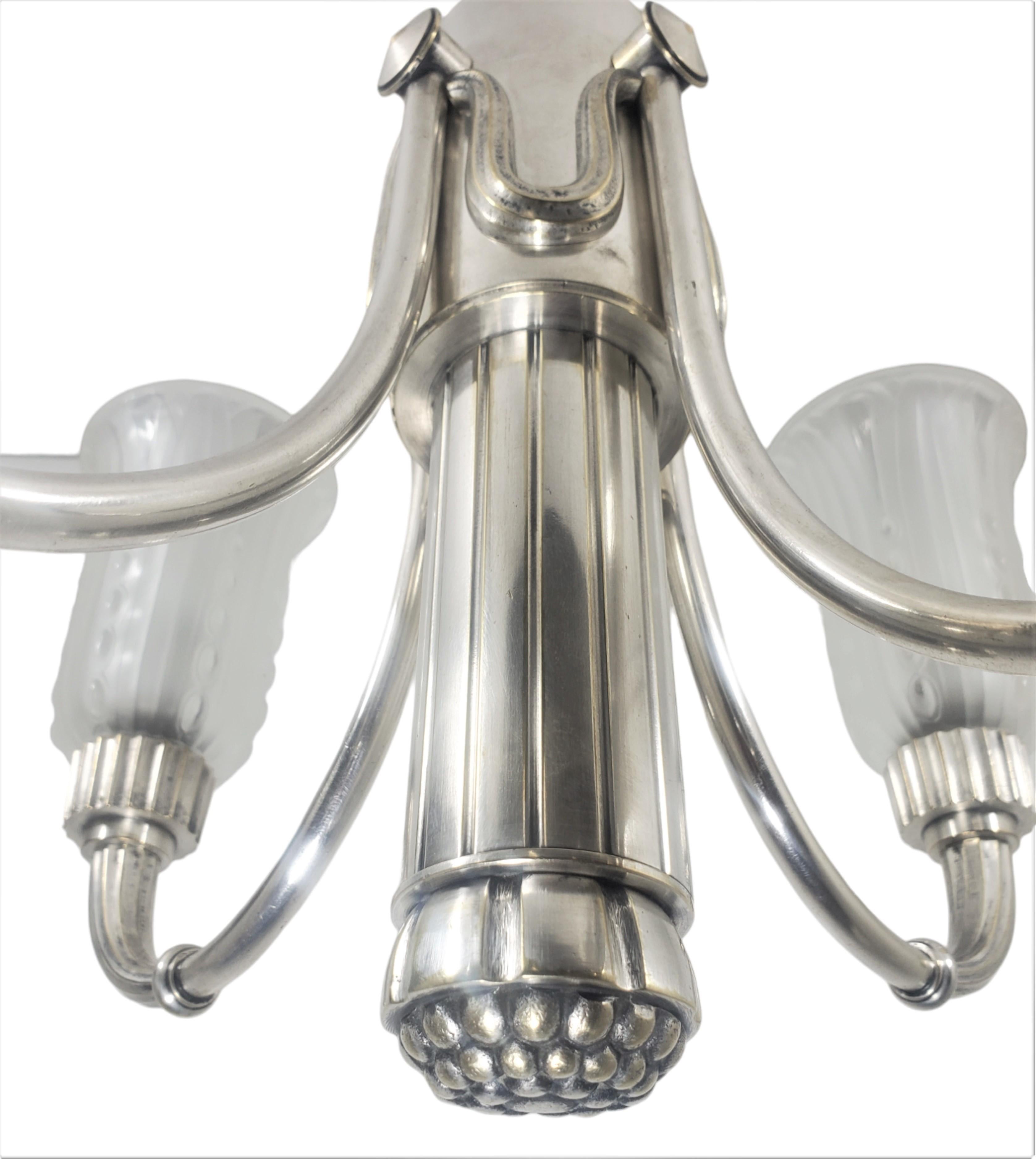 Original Leleu silvered bronze 4 arm chandelier w/ frosted art glass tulips For Sale 5