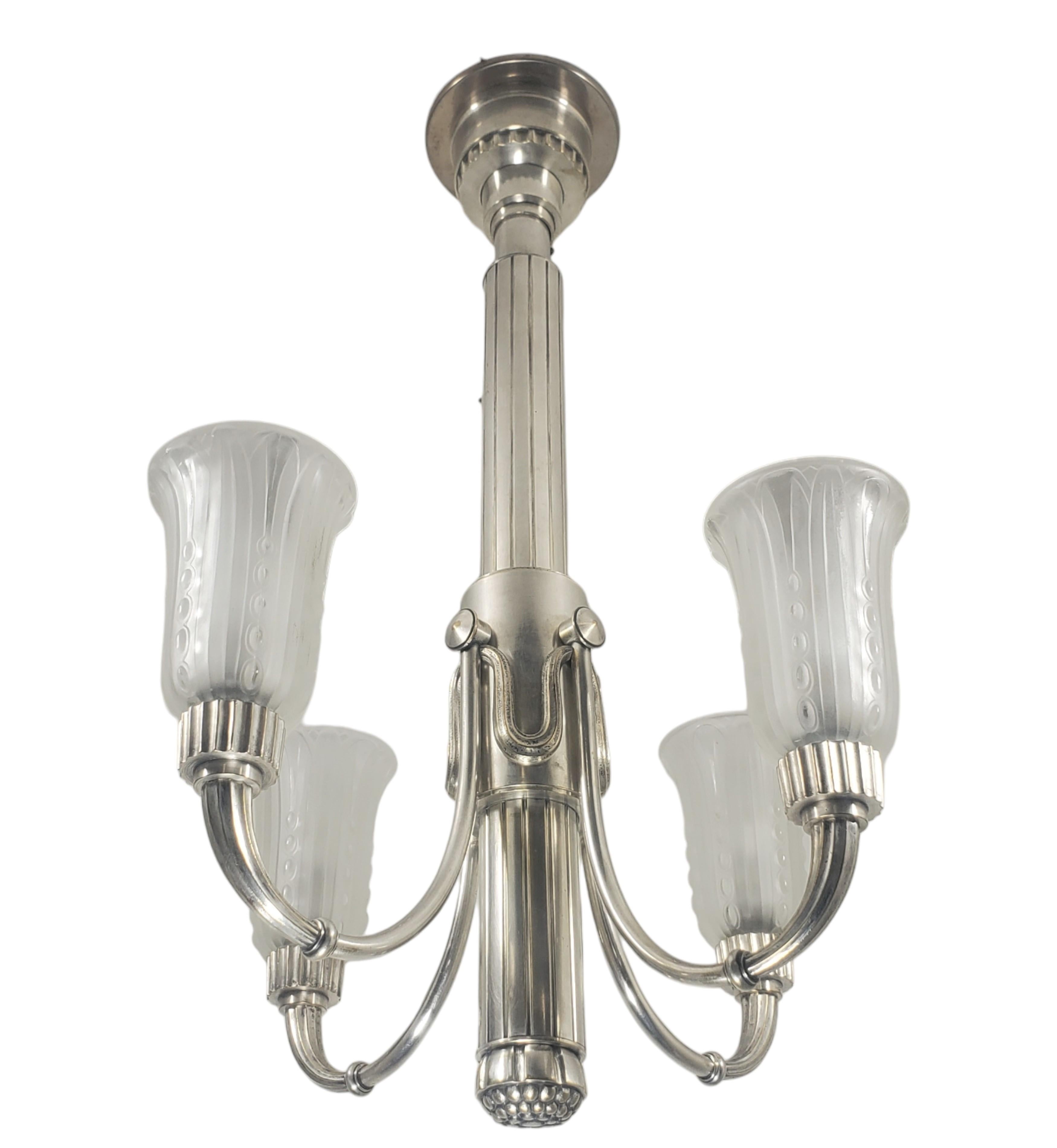 Original Leleu silvered bronze 4 arm chandelier w/ frosted art glass tulips For Sale 8