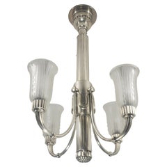 Original Leleu silvered bronze 4 arm chandelier w/ frosted art glass tulips