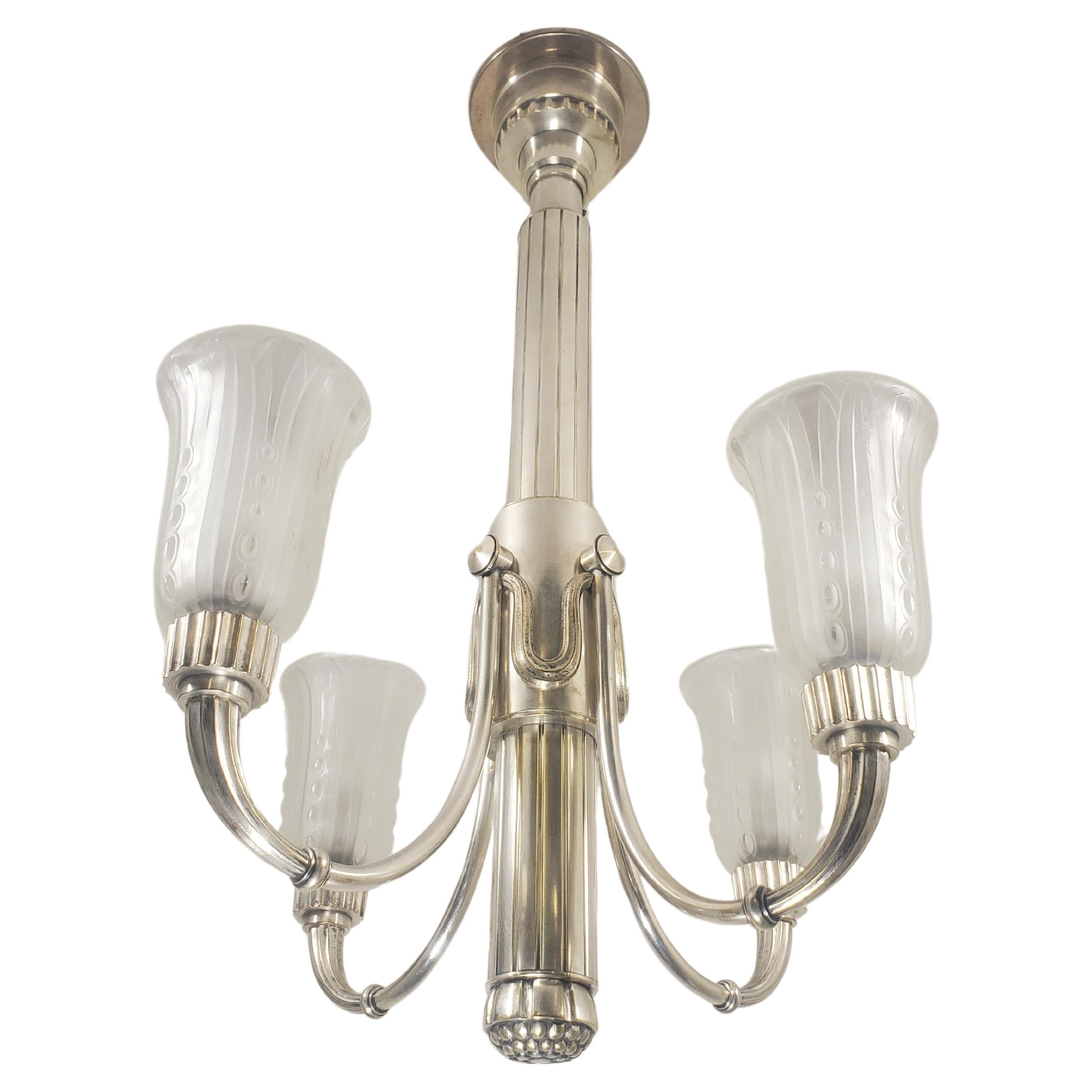 20th Century Original Leleu silvered bronze 4 arm chandelier w/ frosted art glass tulips For Sale