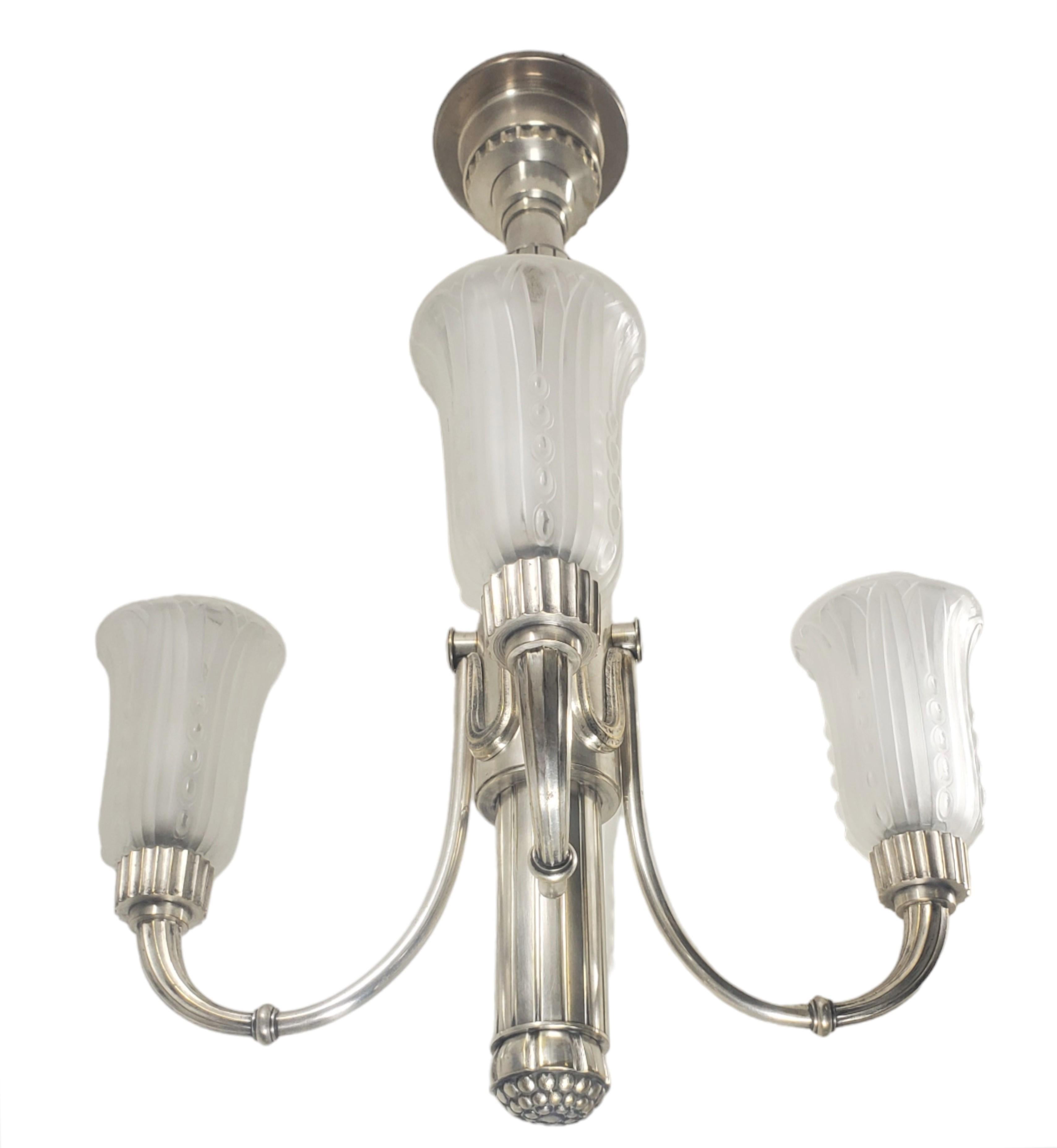 Silver Plate Original Leleu silvered bronze 4 arm chandelier w/ frosted art glass tulips For Sale