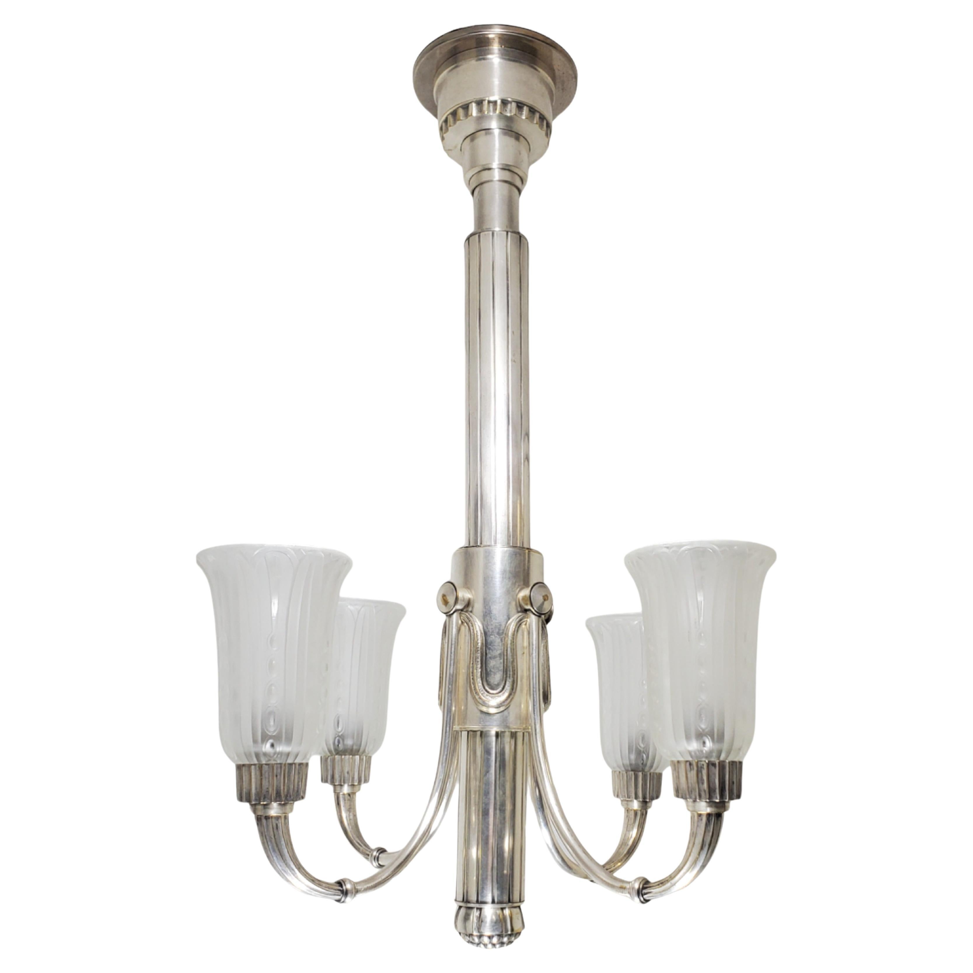 Original Leleu silvered bronze 4 arm chandelier w/ frosted art glass tulips For Sale