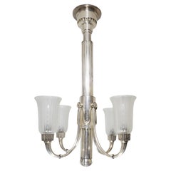 Lustre original Leleu en bronze argenté à 4 bras avec tulipes en verre d'art dépoli