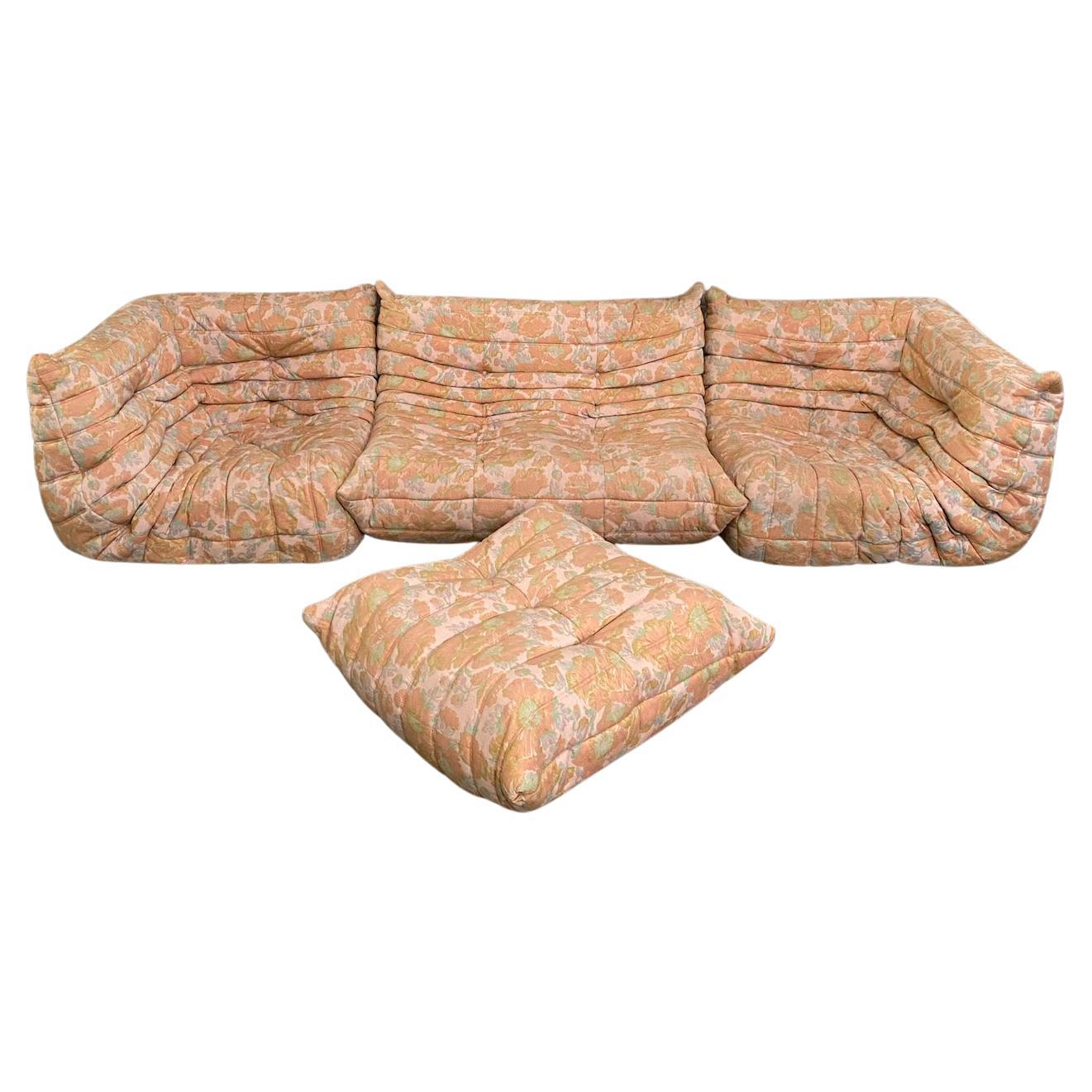70s Original Togo - Ligne Roset floral 4 piece sofa set. Michel Ducaroy - France For Sale