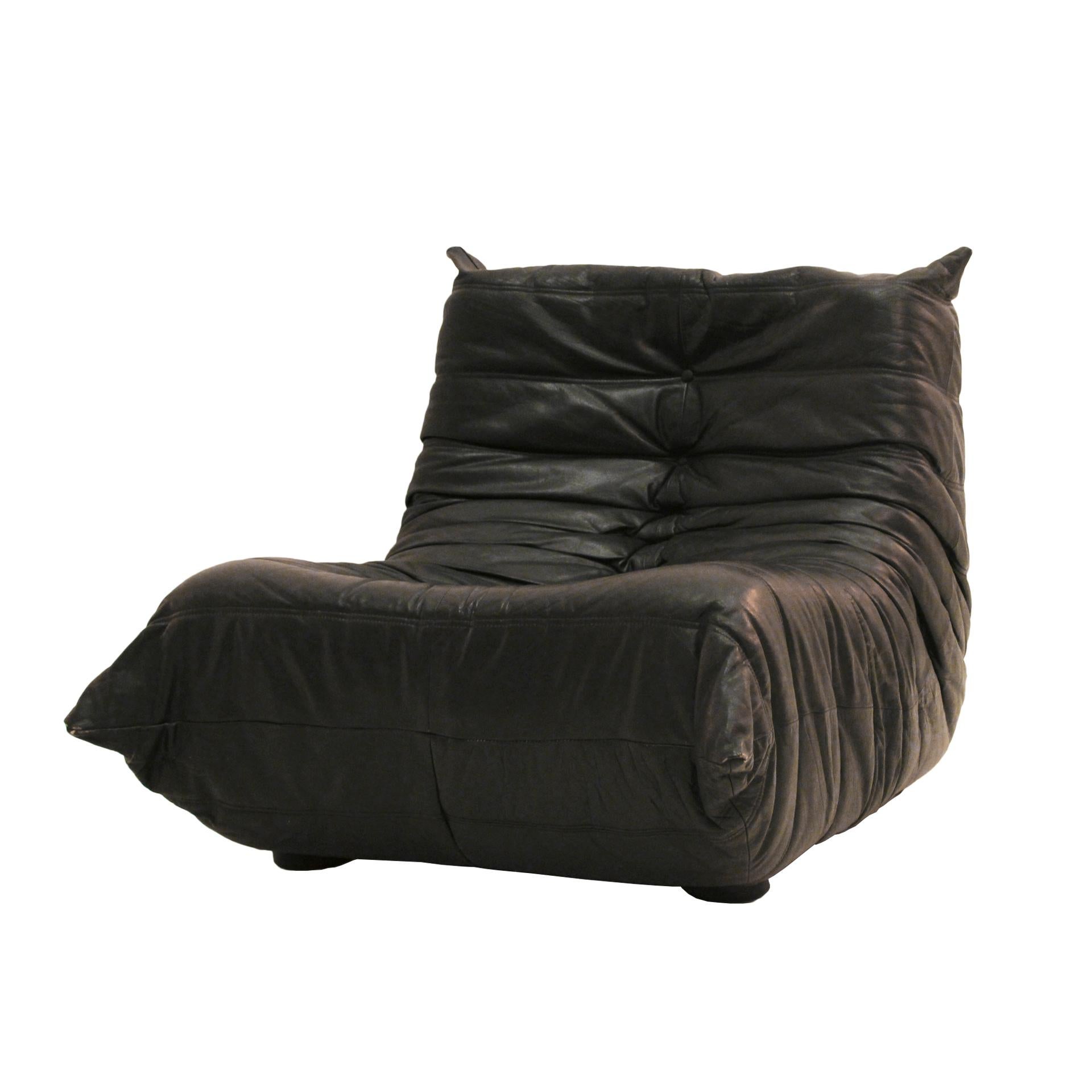 Modern Original Ligne Roset Togo Black Leather Lounge Chair Designed by Michel Ducaroy