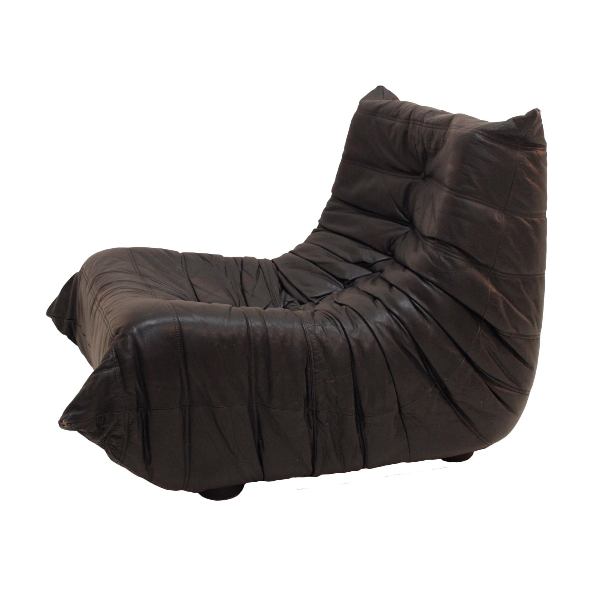French Original Ligne Roset Togo Black Leather Lounge Chair Designed by Michel Ducaroy