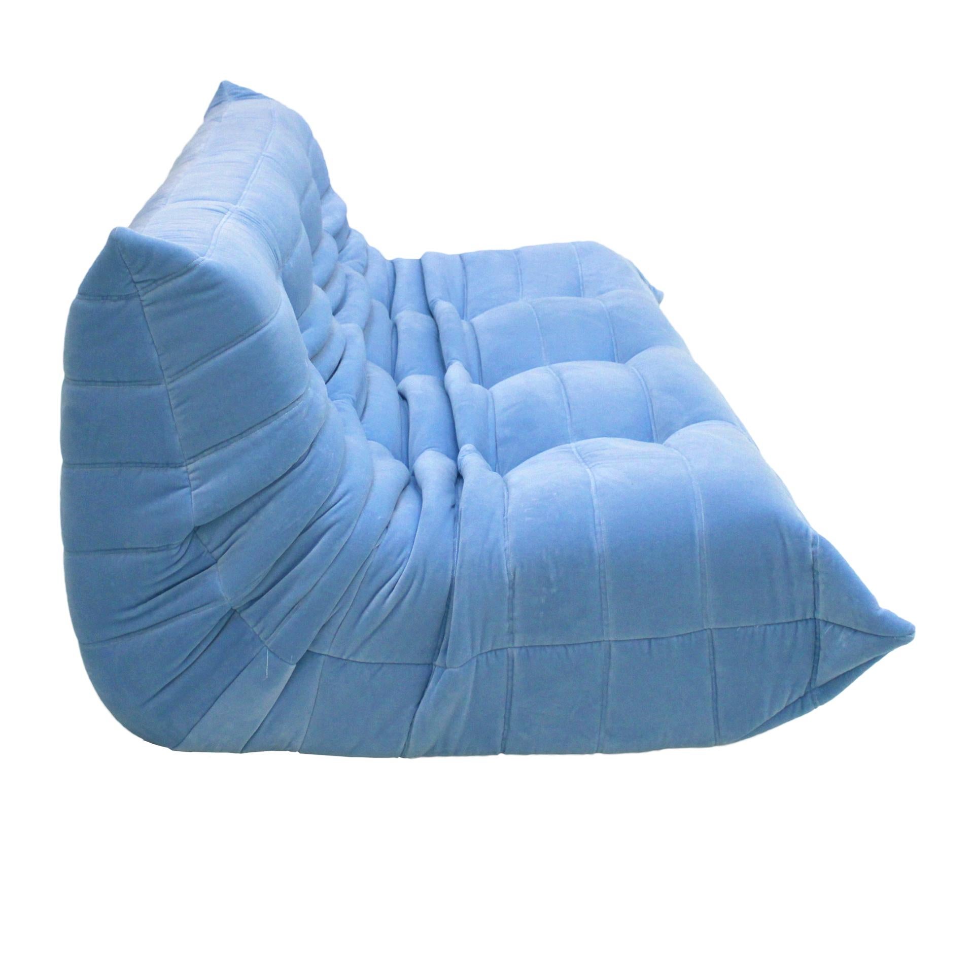 Original Ligne Roset Togo Blue Cotton Velvet Sofa Designed by Michel Ducaroy 1