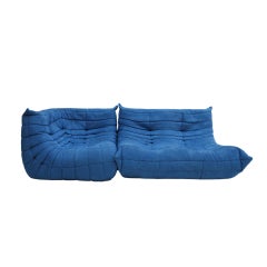 Original Ligne Roset Togo Blue Cotton Velvet Sofa Designed by Michel Ducaroy