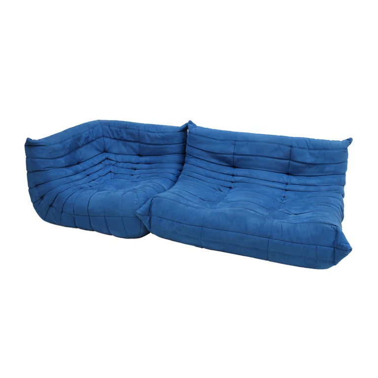 Original Ligne Roset Togo Blue Cotton Velvet Sofa Designed by Michel