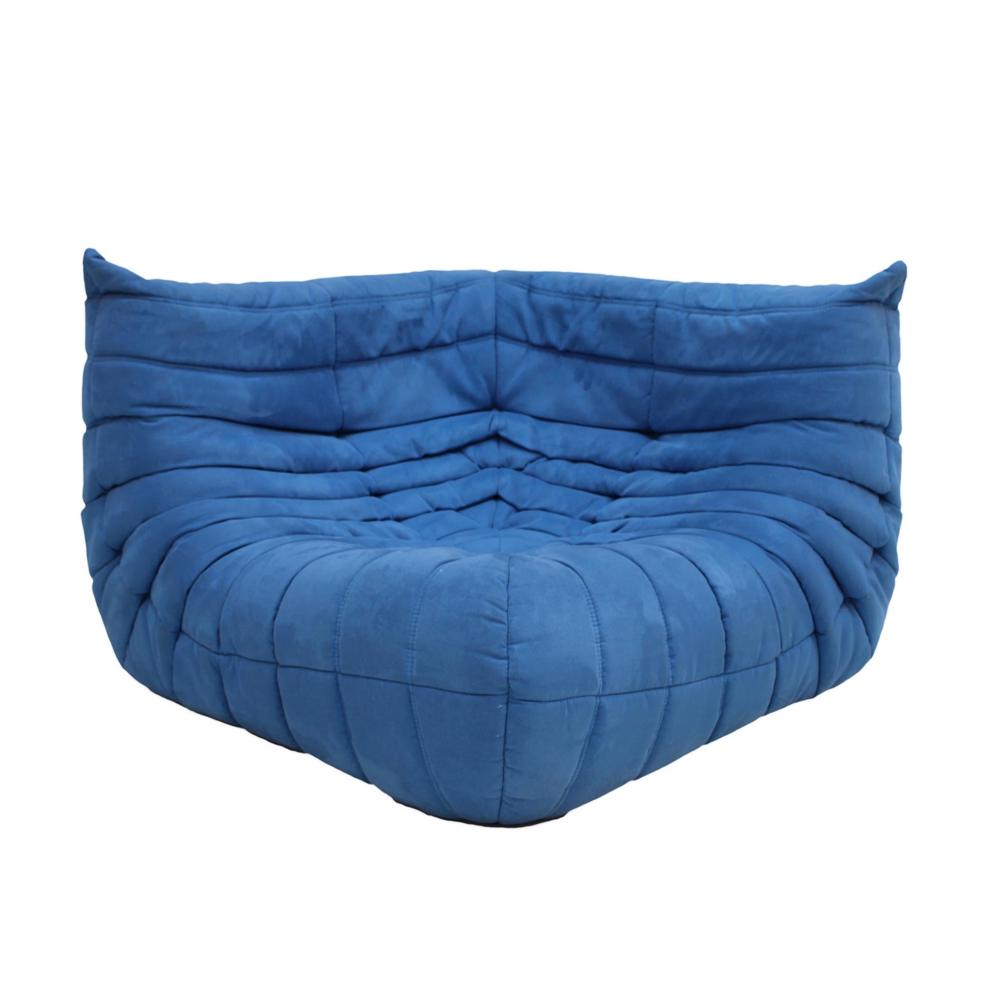 French Original Ligne Roset Togo Blue Cotton Velvet Sofa Designed by Michel Ducaroy