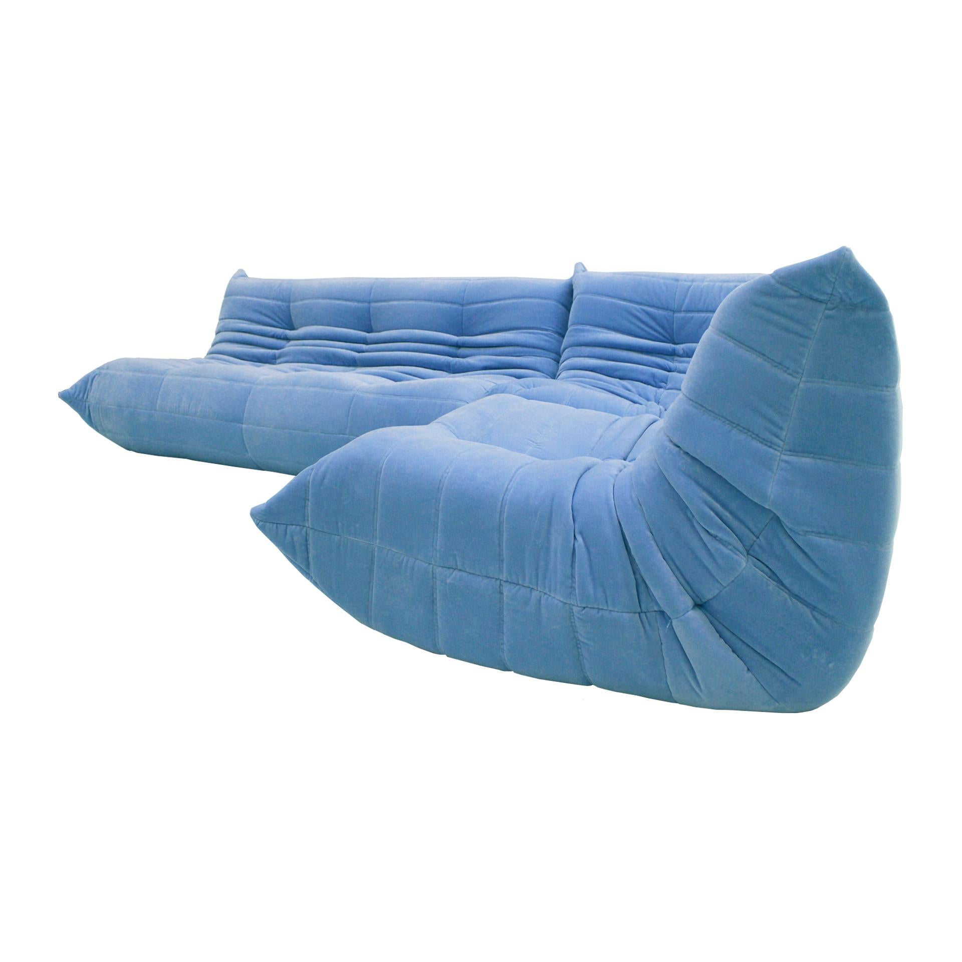 Modern Original Ligne Roset Togo Blue Cotton Velvet Sofa Designed by Michel Ducaroy