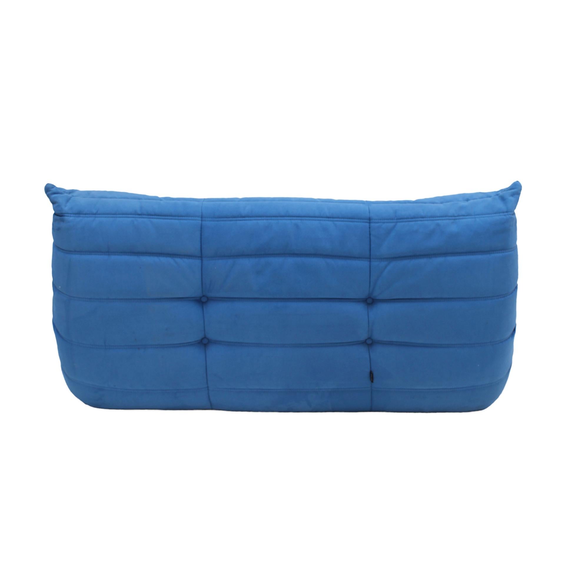 Mid-Century Modern Original Ligne Roset Togo Blue Cotton Velvet Sofa Designed by Michel Ducaroy