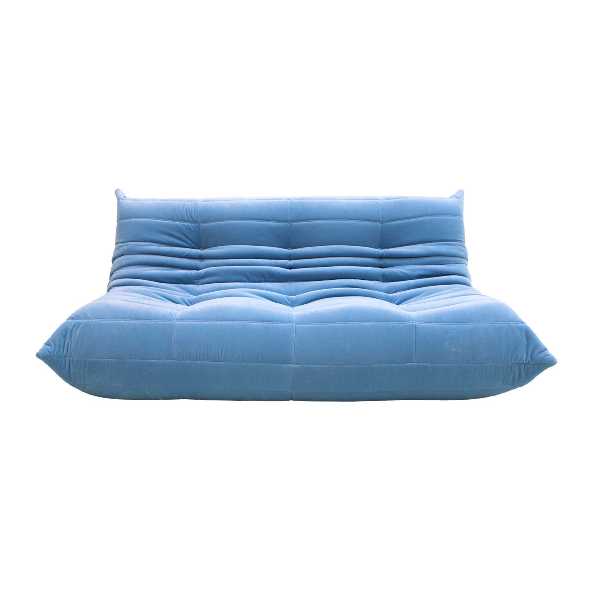 Late 20th Century Original Ligne Roset Togo Blue Cotton Velvet Sofa Designed by Michel Ducaroy