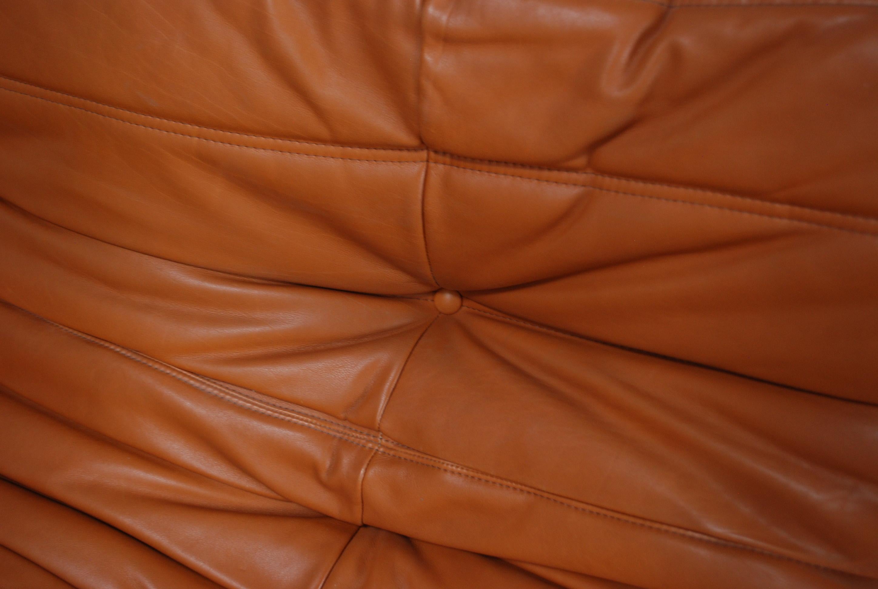 French Original Ligne Roset Togo Cognac Brandy Aniline Leather Sofa