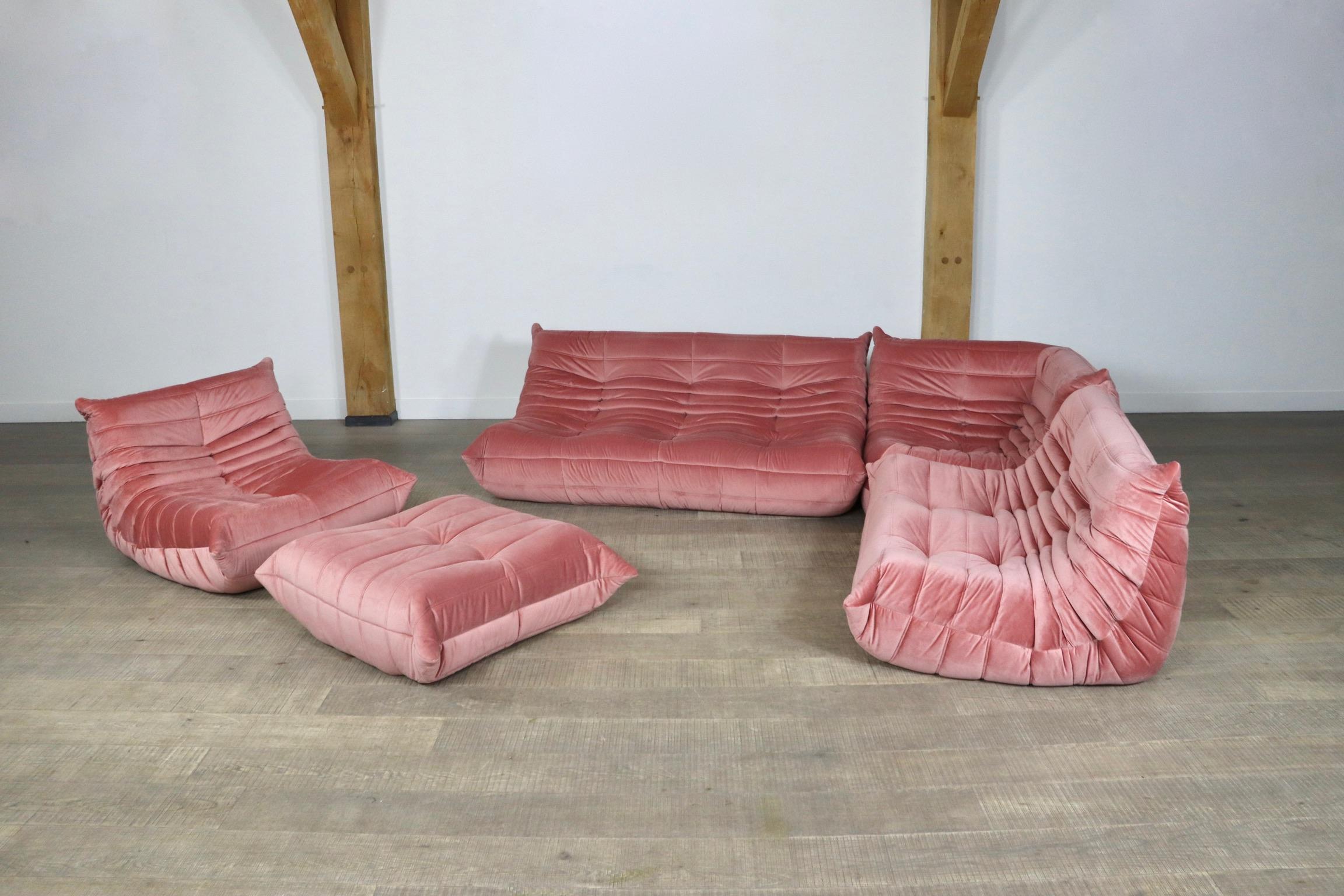 Original Ligne Roset Togo Seating Group in Pink Velvet by Michel Ducaroy 2