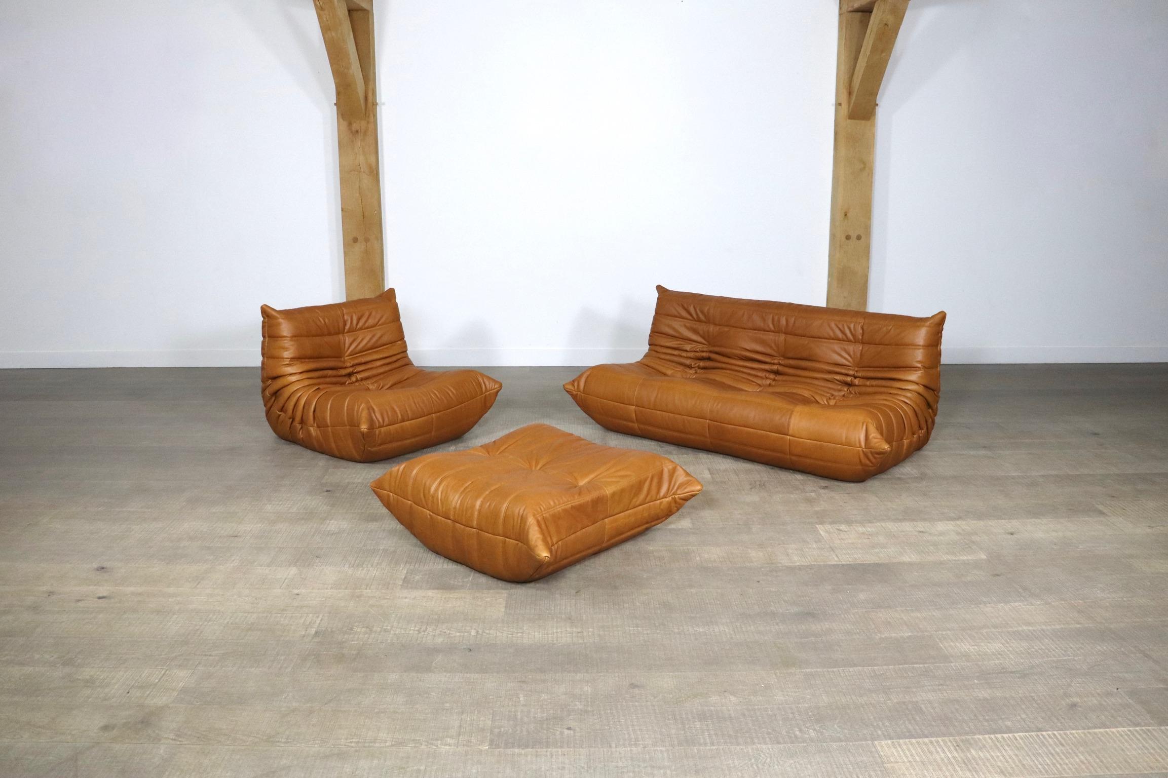 Original Ligne Roset Togo Set In Cognac Leather By Michel Ducaroy, 1970s In Good Condition In ABCOUDE, UT