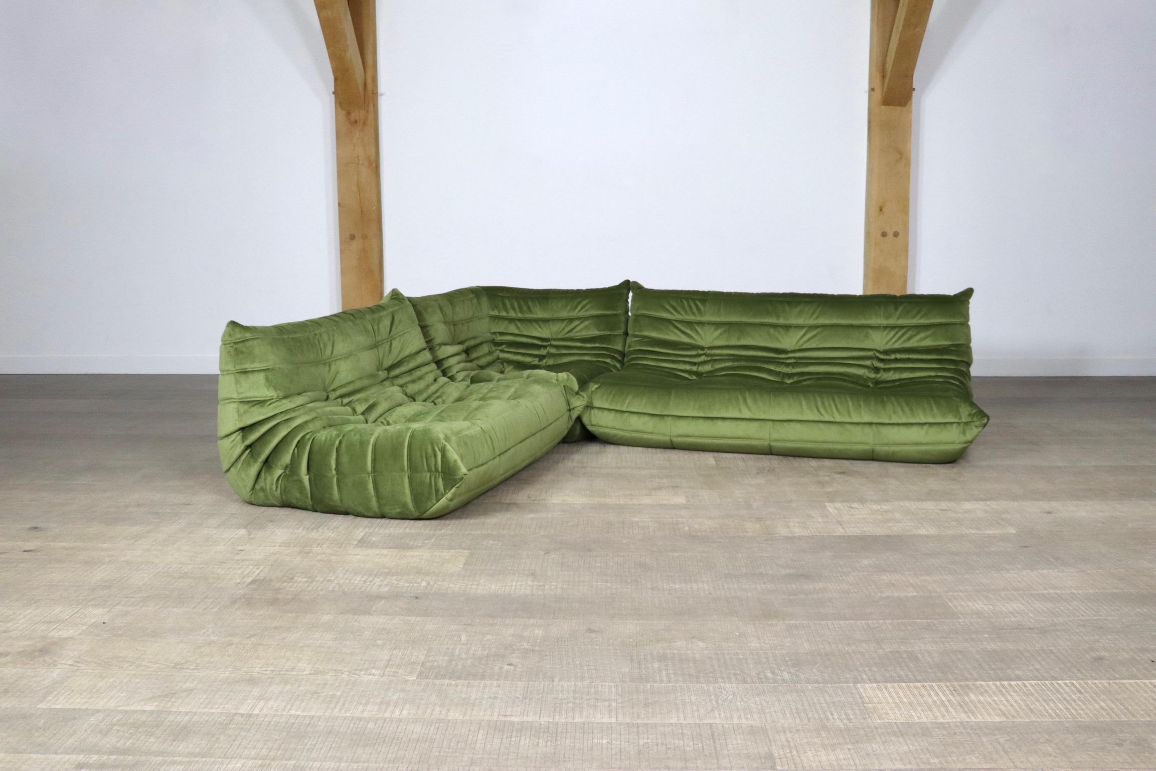 Incredible Ligne Roset Togo seating group in olive green velvet upholstery by Michel Ducaroy, 1970s. This iconic design has become more and more popular over the years. The lightweight design combined with fun colors and materials makes these sofas