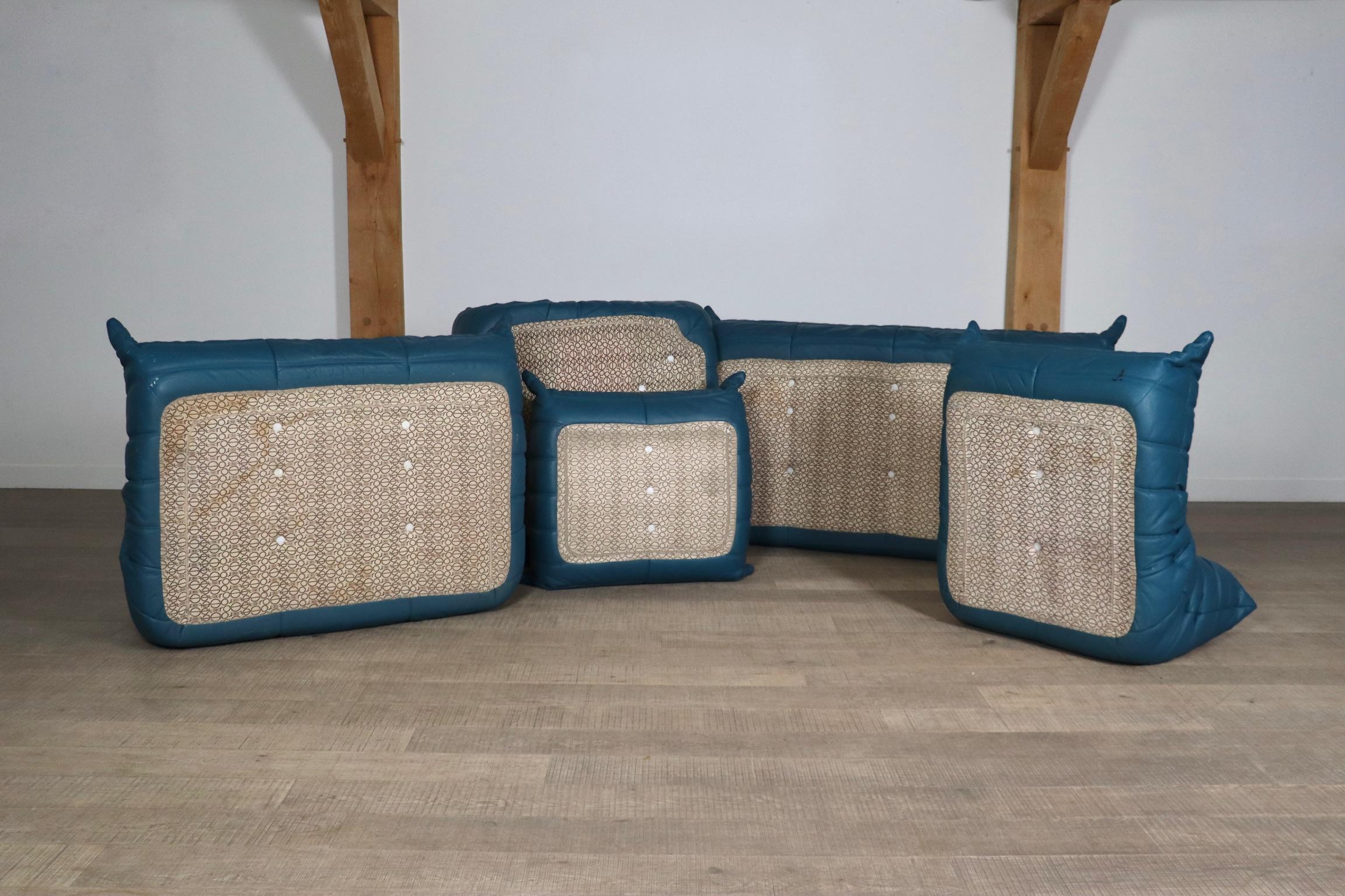 Original Ligne Roset Togo Sofa Set In Blue Leather By Michel Ducaroy, 1970s For Sale 8