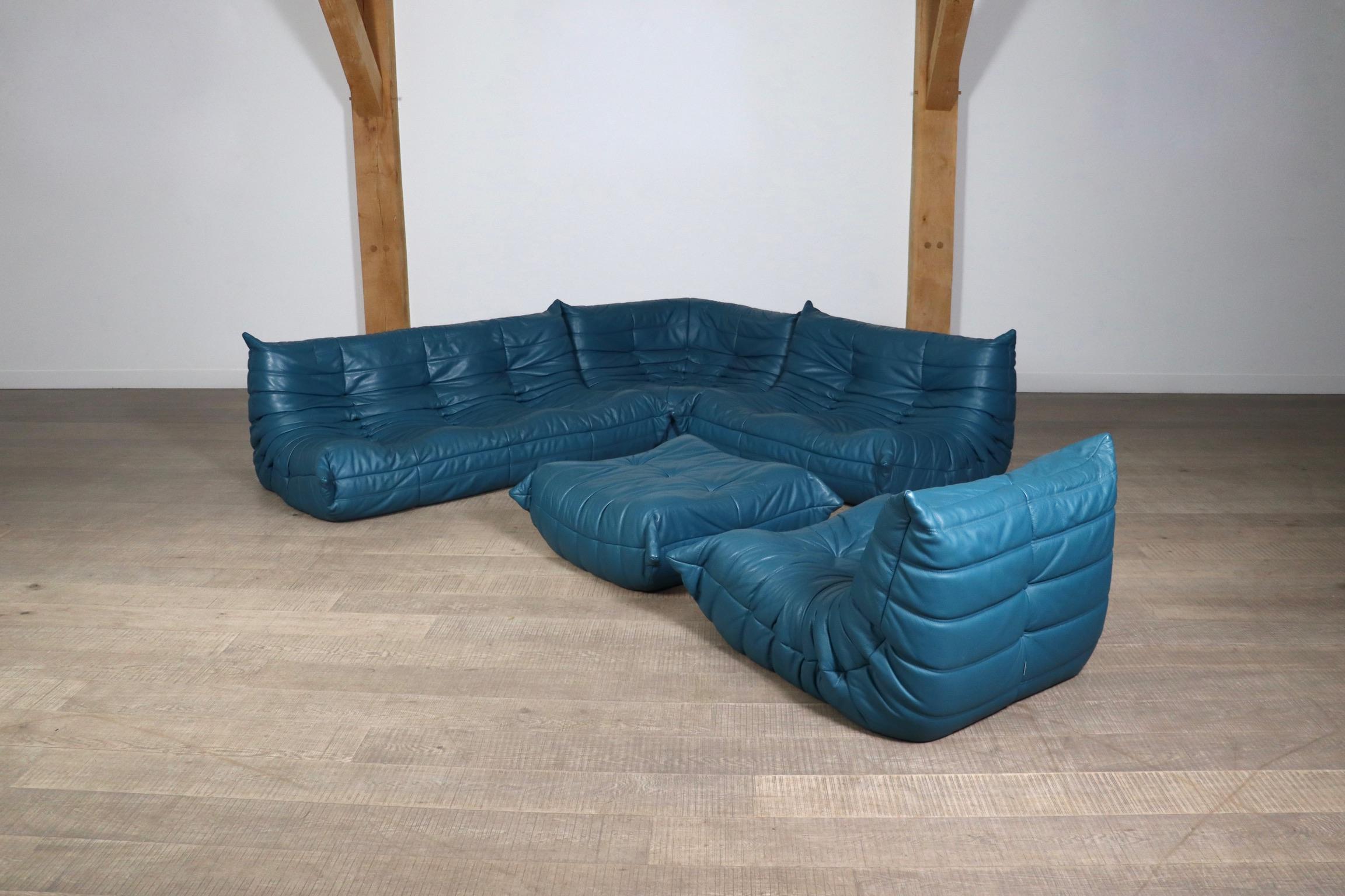 Original Ligne Roset Togo Sofa Set In Blue Leather By Michel Ducaroy, 1970s 2