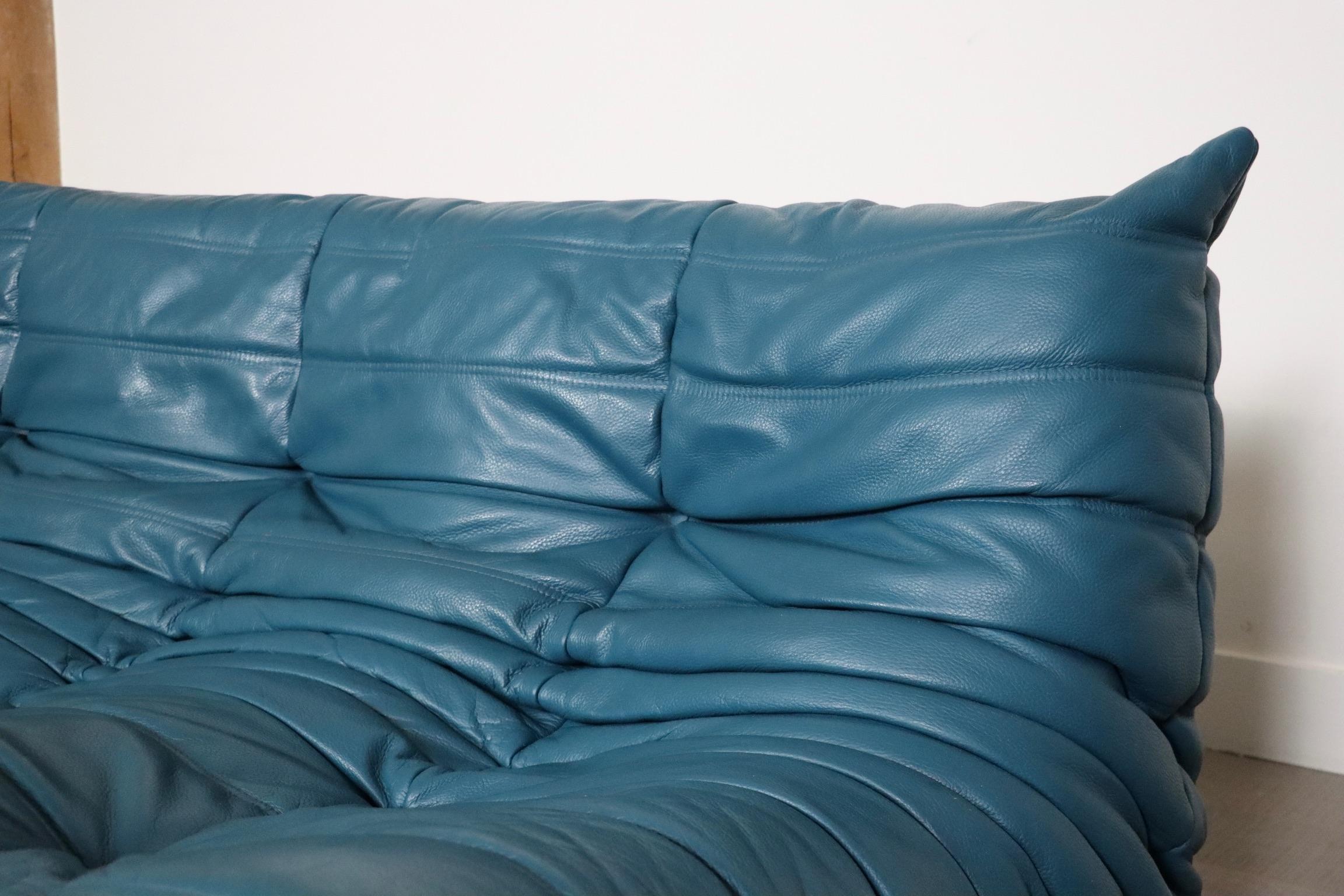 Original Ligne Roset Togo Sofa Set In Blue Leather By Michel Ducaroy, 1970s 3