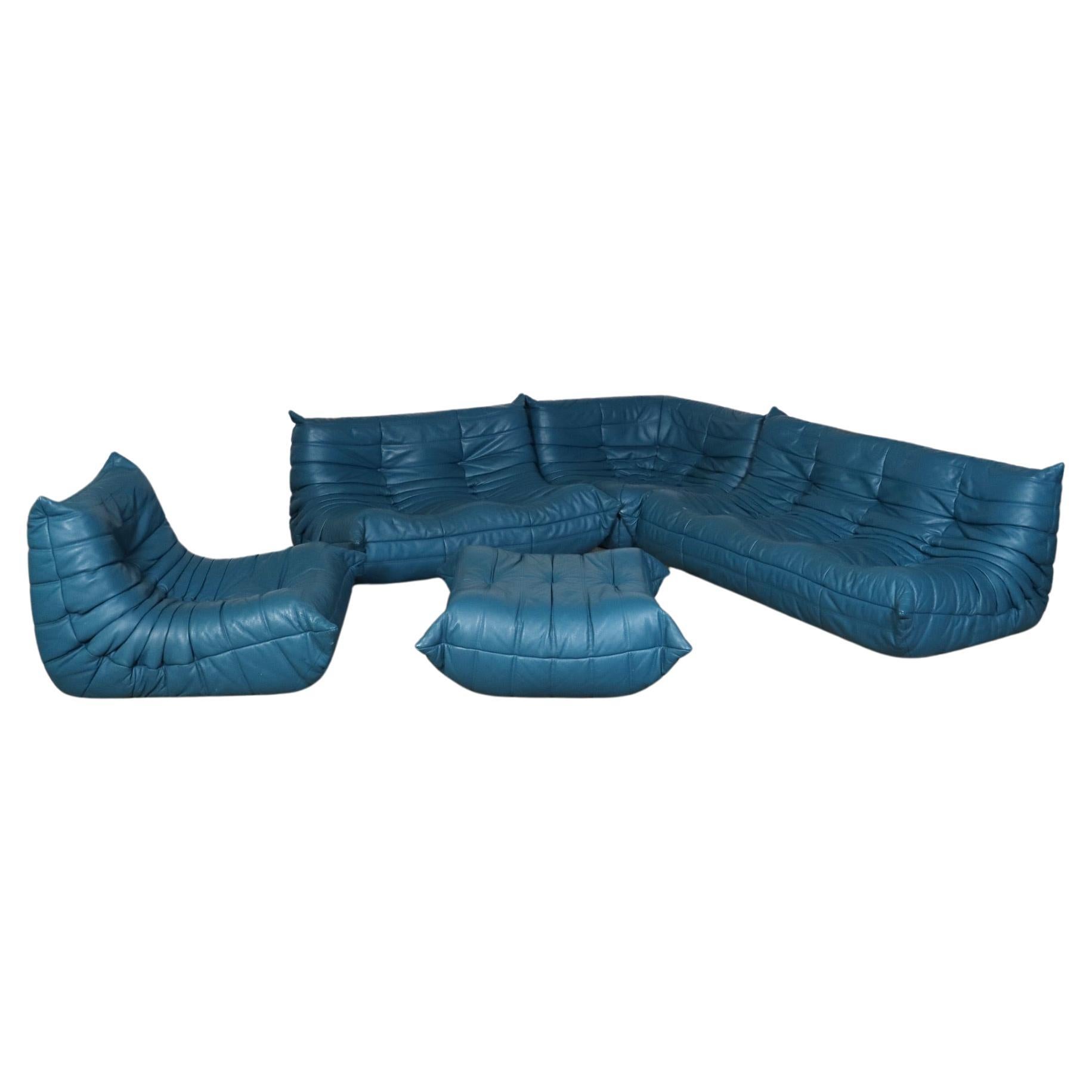 Original Ligne Roset Togo Sofa Set In Blue Leather By Michel Ducaroy, 1970s For Sale