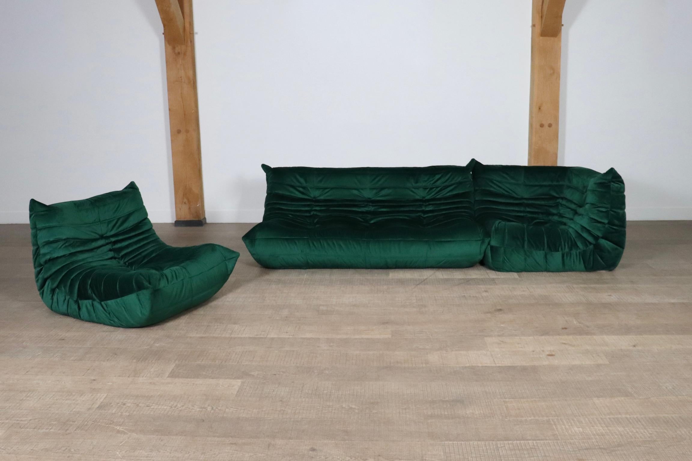 Late 20th Century Original Ligne Roset Togo Sofa Set In Emerald Green Velvet By Michel Ducaroy