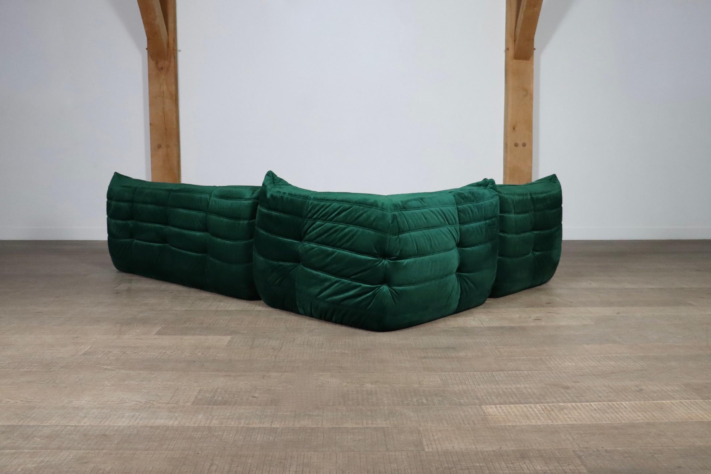 Leather Original Ligne Roset Togo Sofa Set In Emerald Green Velvet By Michel Ducaroy
