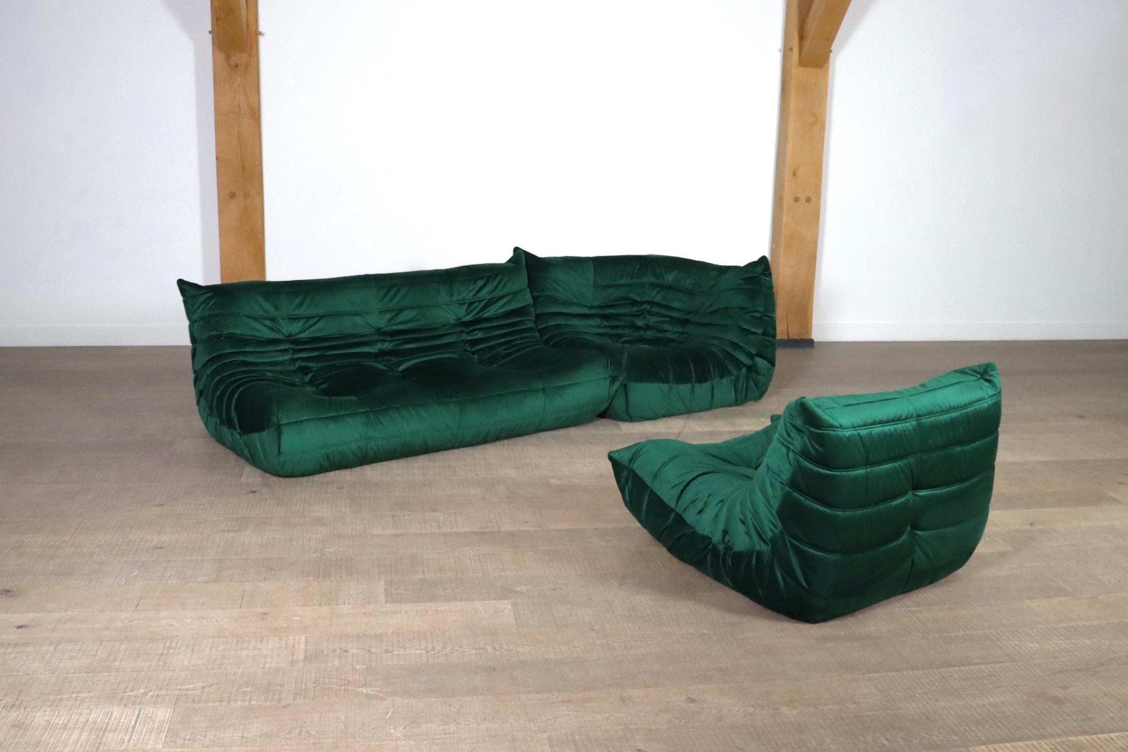Original Ligne Roset Togo Sofa Set In Emerald Green Velvet By Michel Ducaroy 1