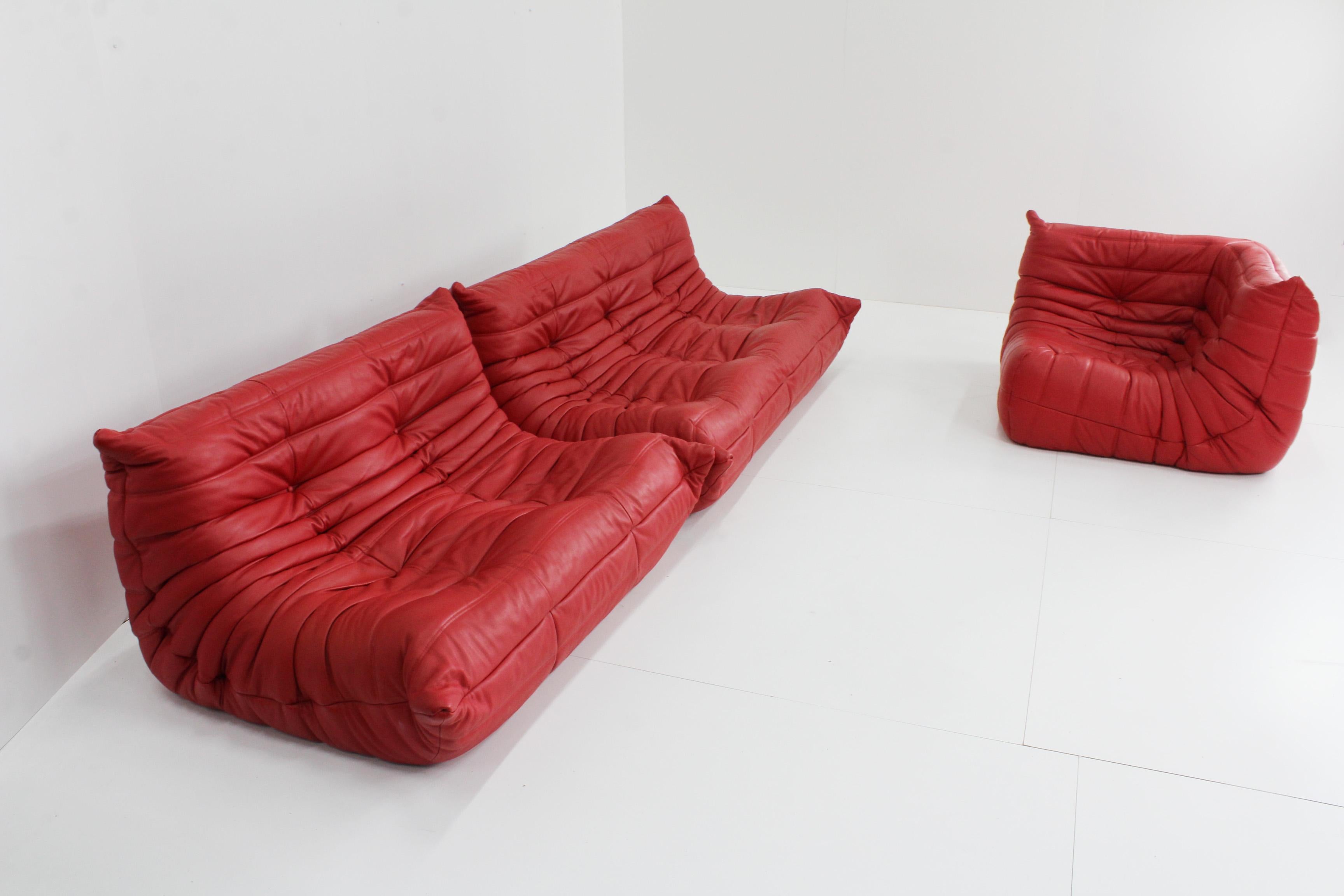 Original Ligne Roset Togo Sofa Set Red Leather 11