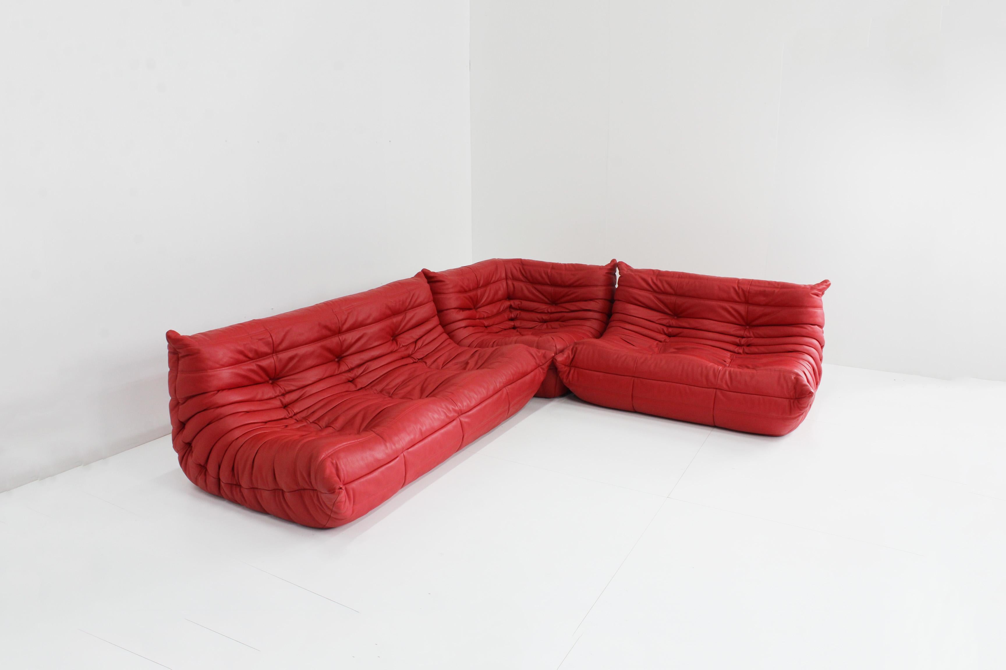 Mid-Century Modern Original Ligne Roset Togo Sofa Set Red Leather