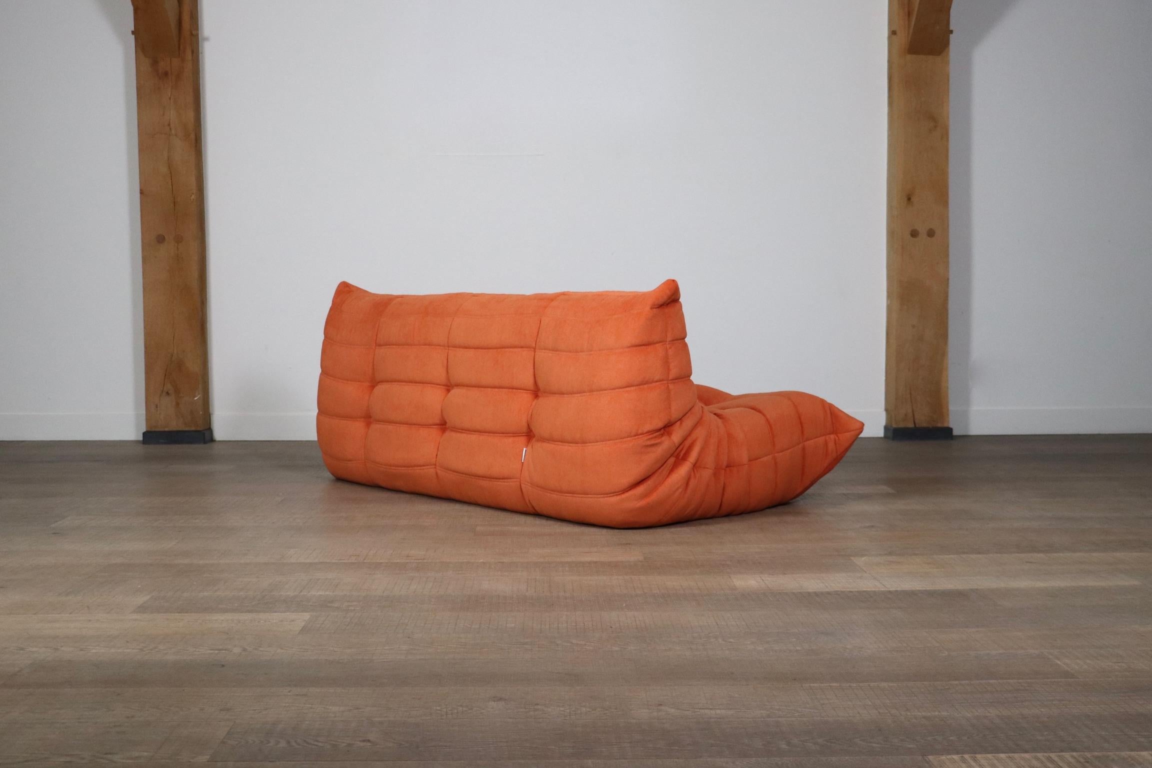 Leather Original Ligne Roset Togo Three Seater Sofa In Coral By Michel Ducaroy, 1970s