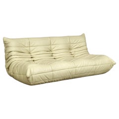 Original Ligne Roset Togo Three Seater Sofa in Cream Leather by Michel Ducaroy