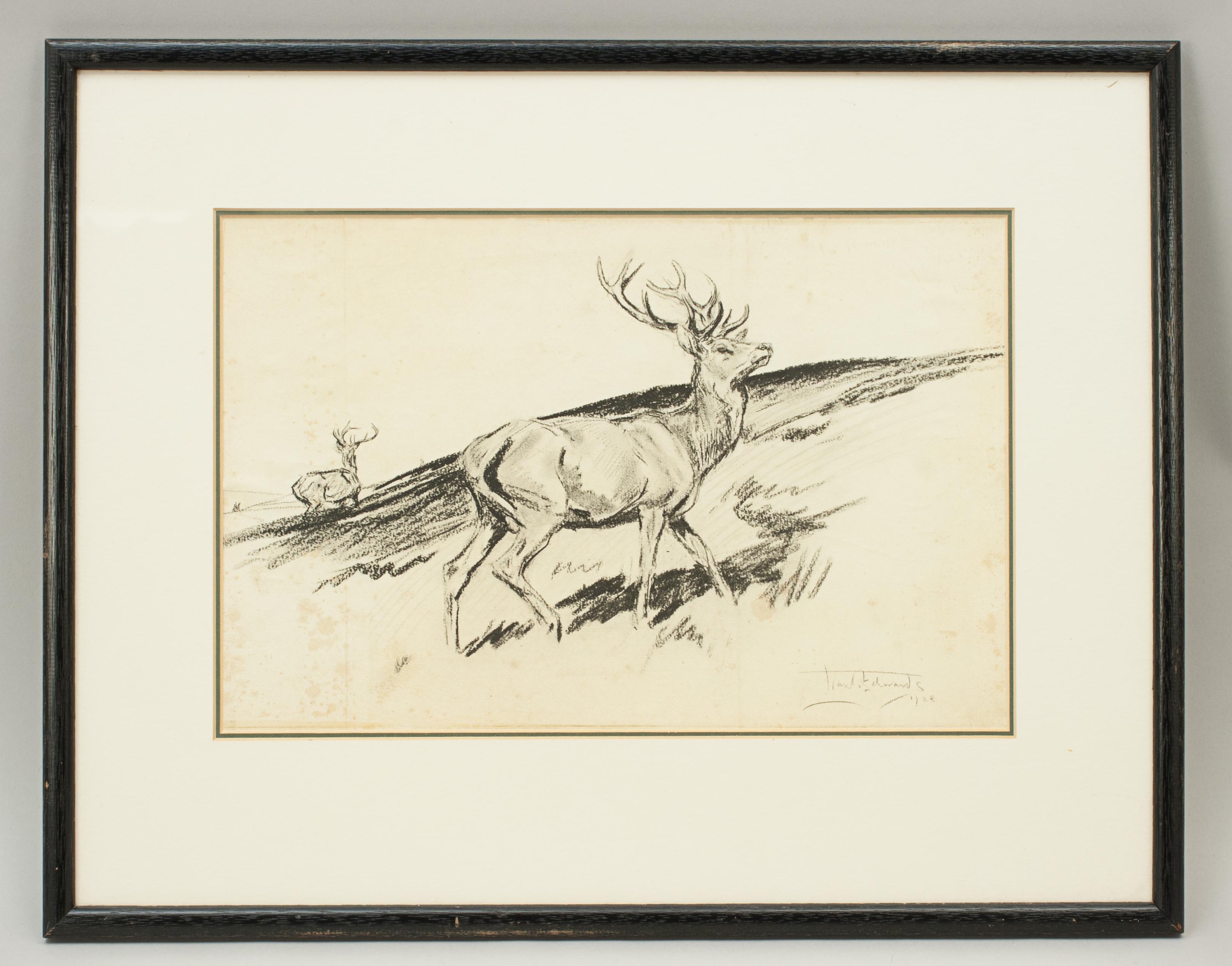 Original Lionel Edwards pencil drawing of a stag on the hill.
A wonderful pencil drawing of a proud stag in the foreground with a second stag in the background. The stag picture is signed and dated by the artist Lionel Edwards, 1928. The drawing is