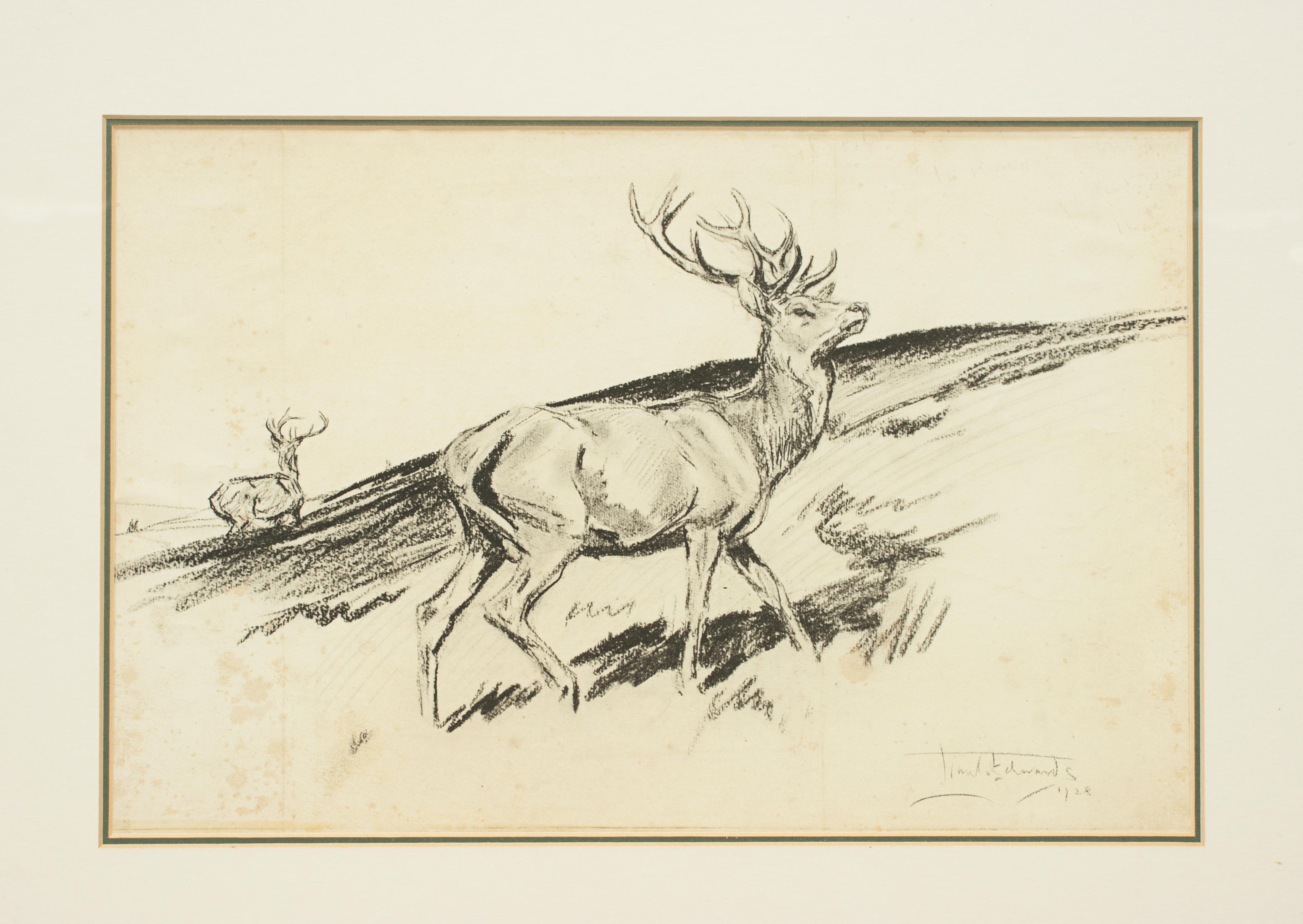 Sporting Art Original Lionel Edwards Pencil Drawing of a Stag on the Hill, Signed and Dated