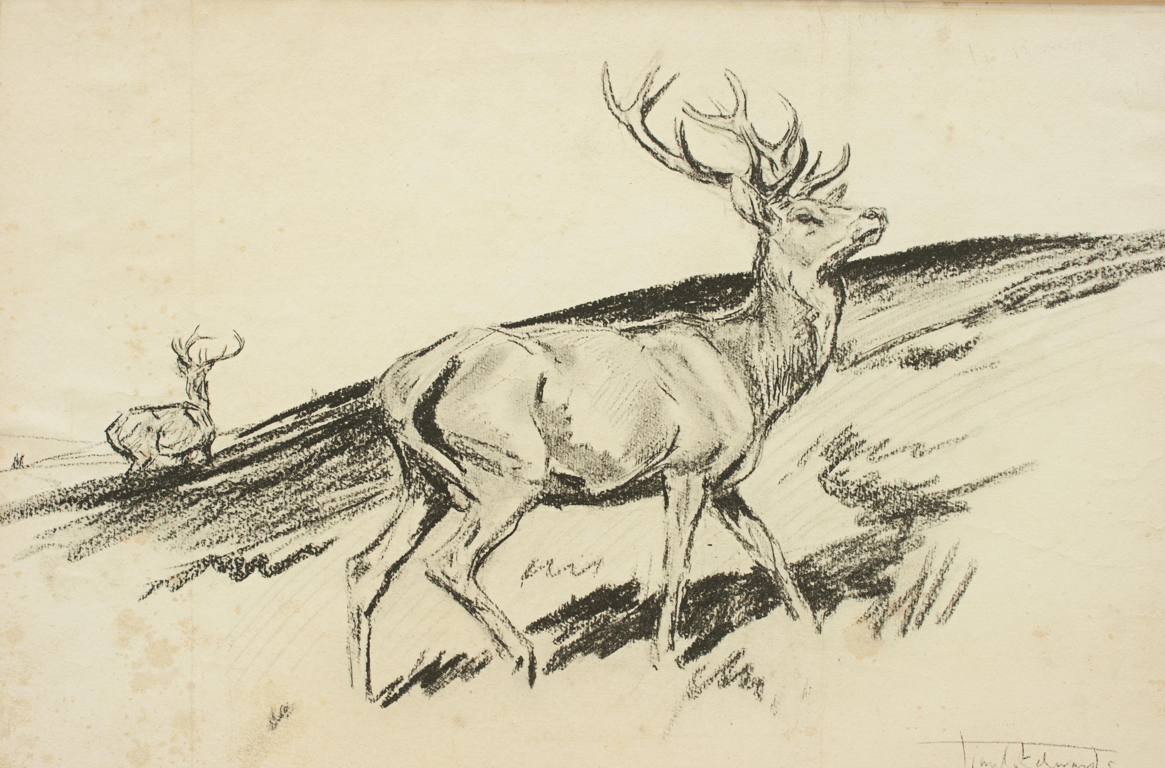 English Original Lionel Edwards Pencil Drawing of a Stag on the Hill, Signed and Dated
