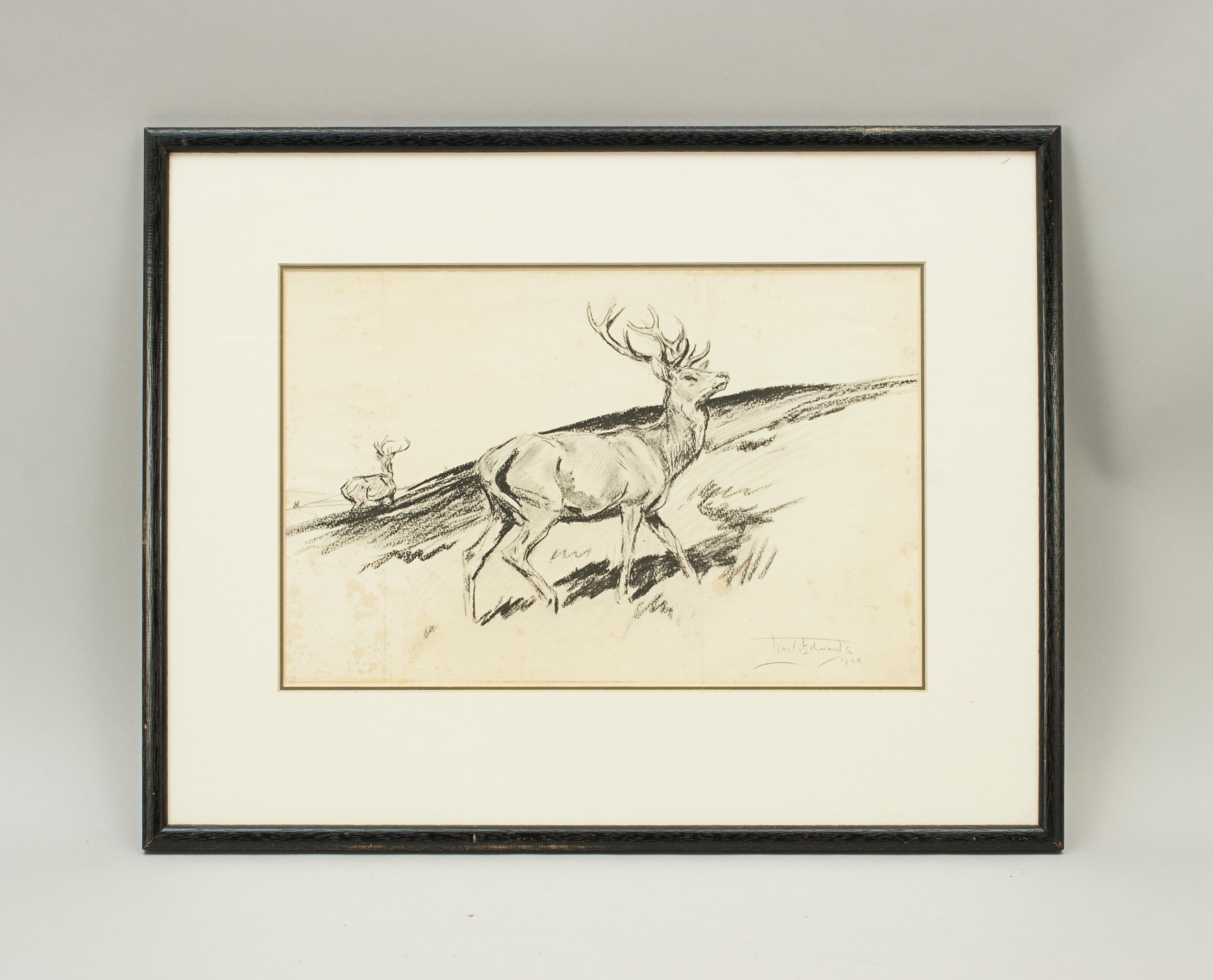 Paper Original Lionel Edwards Pencil Drawing of a Stag on the Hill, Signed and Dated